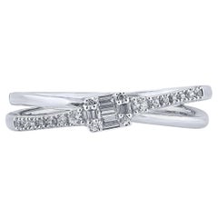 TJD 0.15 Carat Round and Baguette Diamond 14KT White Gold Criss-cross Ring