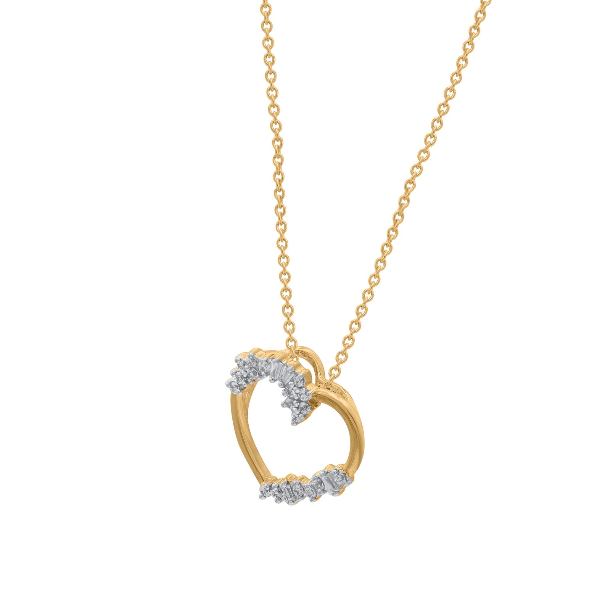 A bright and beautiful symbol of the love you share, this heart pendant is certain to delight. These heart pendant are studded with 23 round and Baguette cut natural diamonds in prong setting in 14KT yellow gold. Diamonds are graded as H-I color and