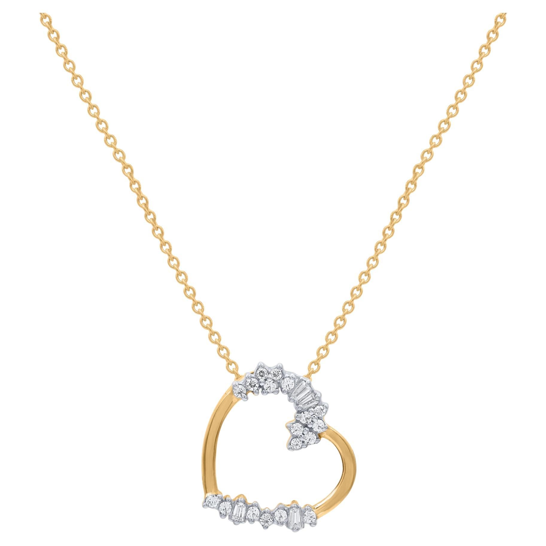 TJD 0.15 Carat Round & Baguette Cut Diamond 14KT Gold Tilted Heart Pendant For Sale