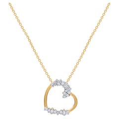Pendentif cœur incliné en or 14 carats avec diamants taille ronde et baguette de 0,15 carat TJD