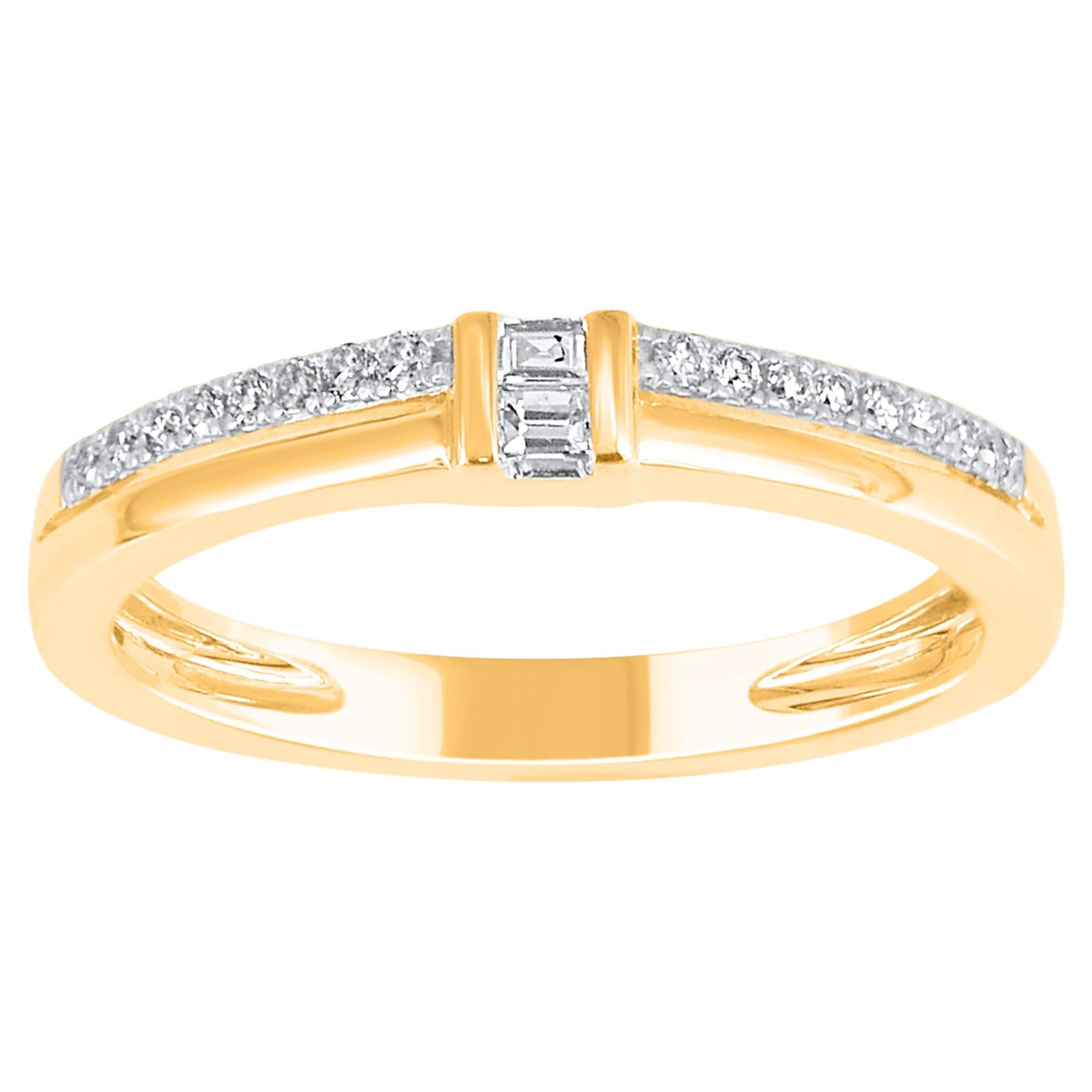 TJD 0.15 Carat Round & Baguette Cut Diamond 14KT Yellow Gold Wedding Band Ring