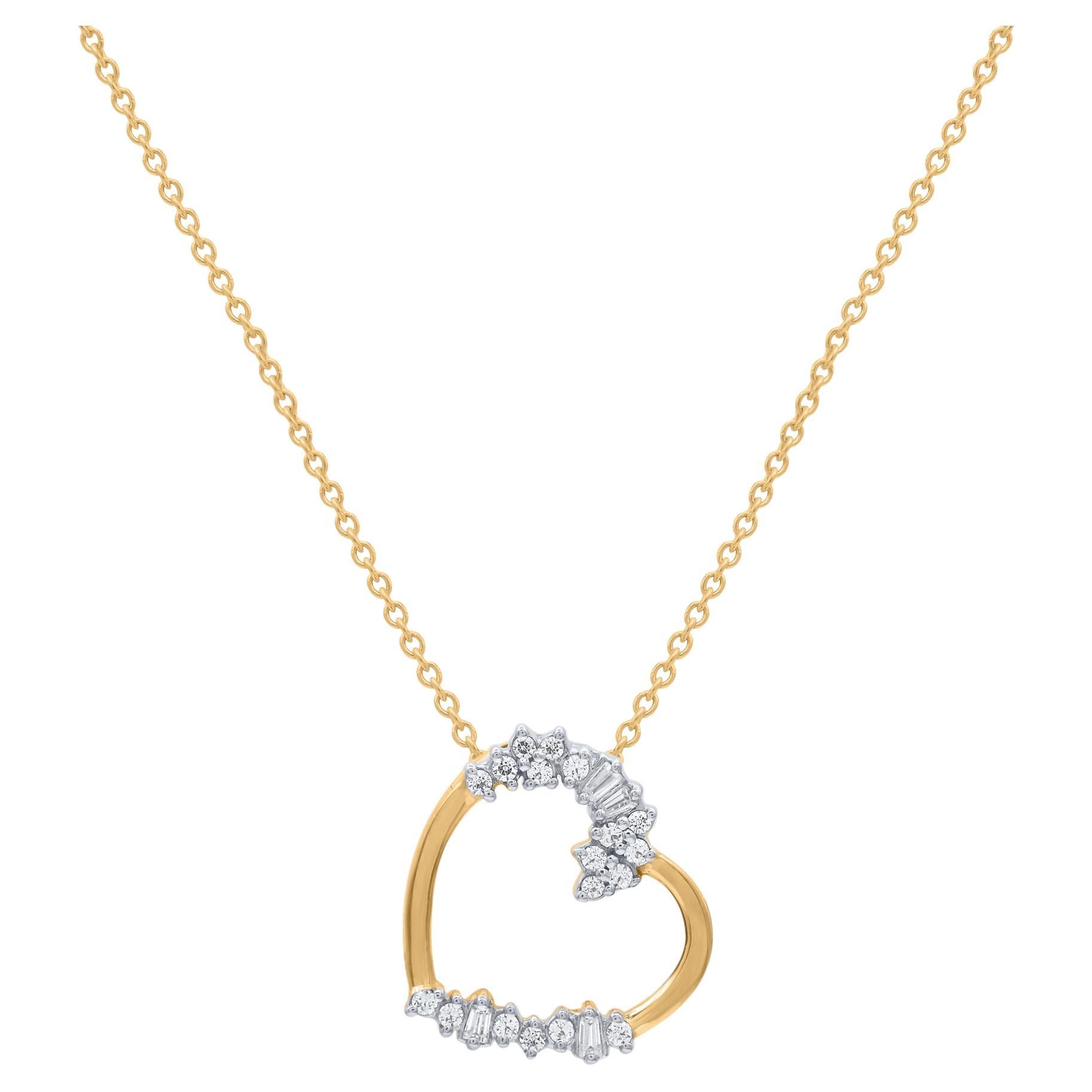 TJD 0.15 Carat Round & Baguette Cut Diamond 18KT Gold Tilted Heart Pendant