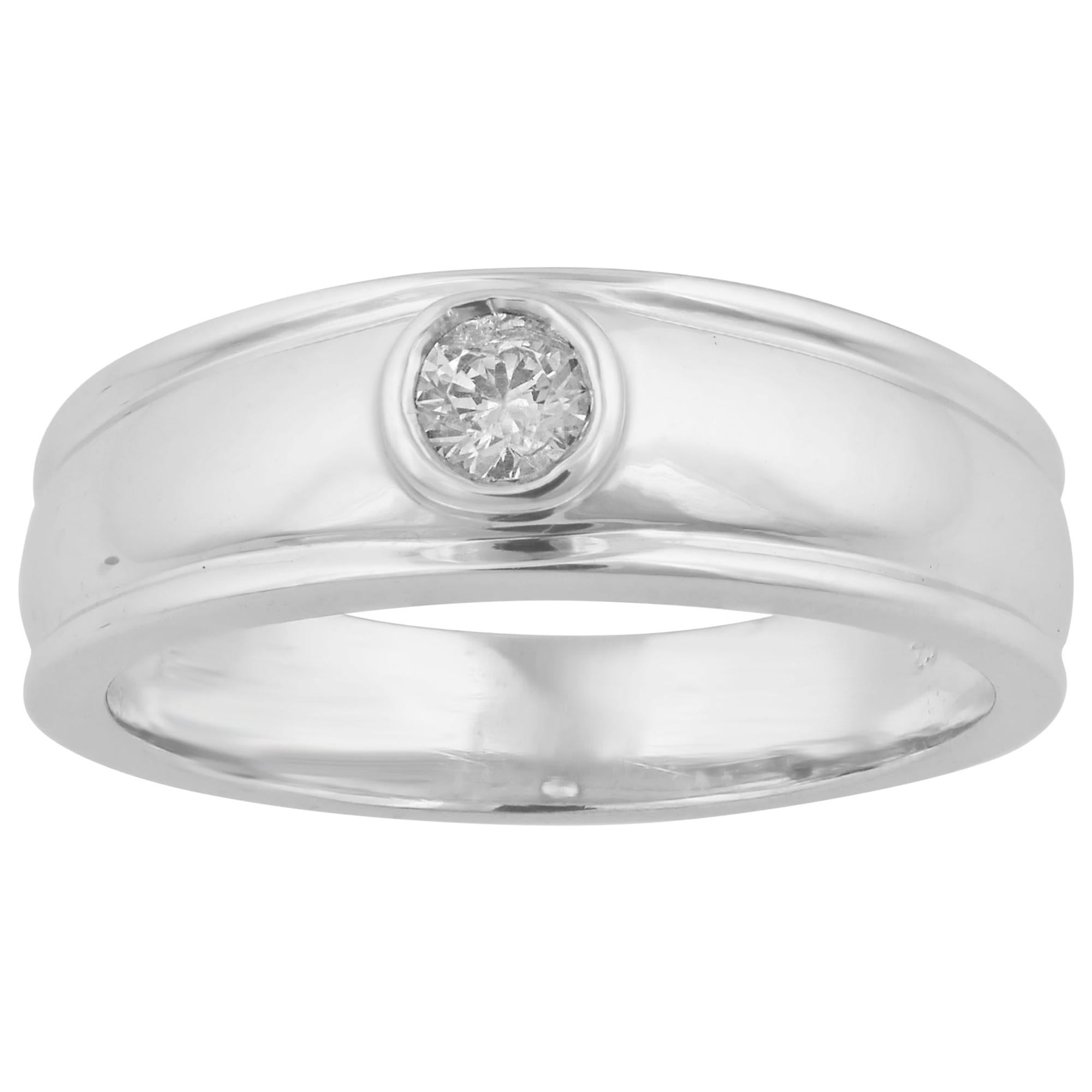 TJD 0.15 Carat Brilliant Cut Diamond 14K White Gold Bezel Set Wedding Band Ring For Sale