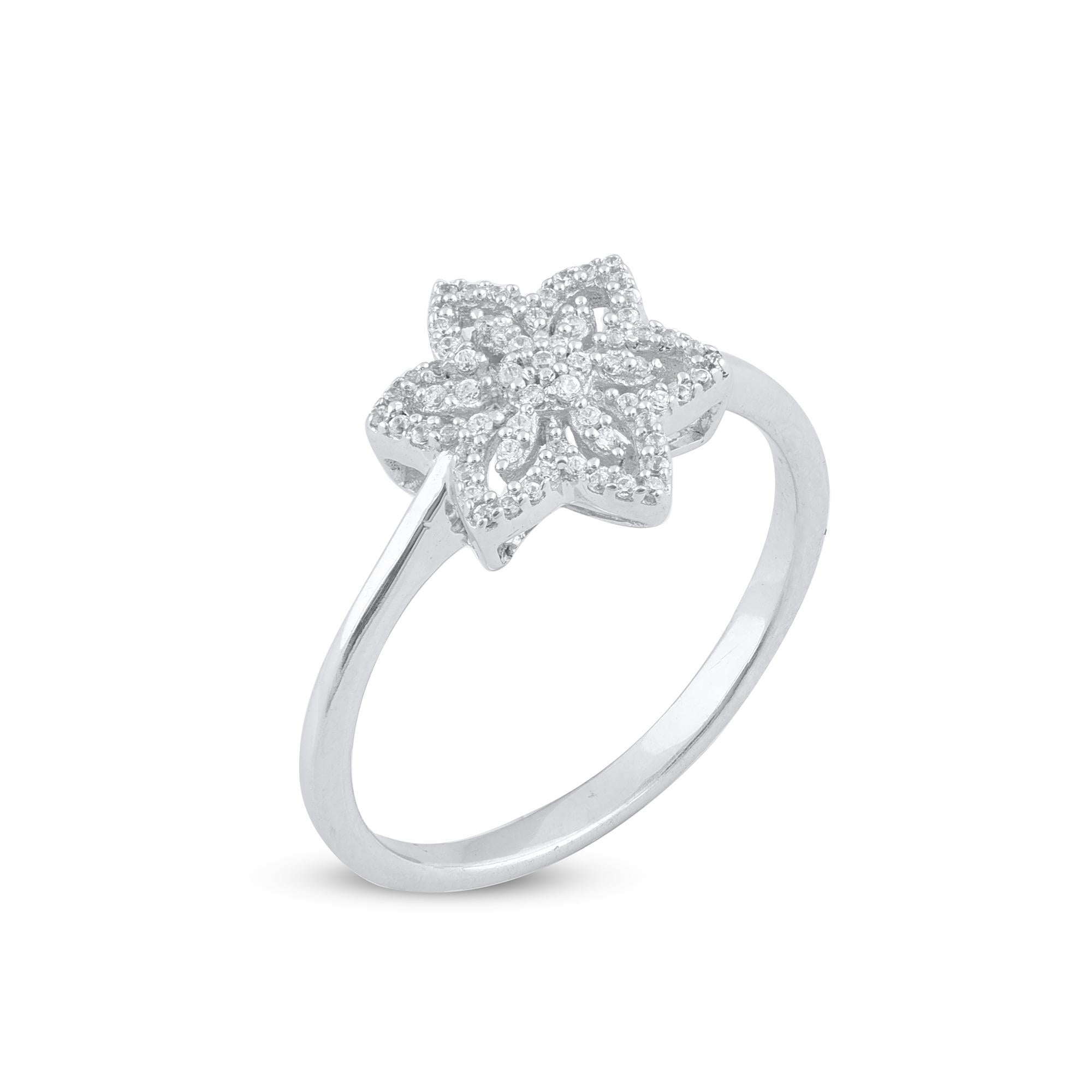 This Floral shaped Wide Band Ring is expertly crafted in 14 Karat White Gold and features 67  Round Brilliant-cut White diamonds set in prong setting. We only use 100% natural and conflict free diamonds which sparkles in H-I color I1 clarity. A
