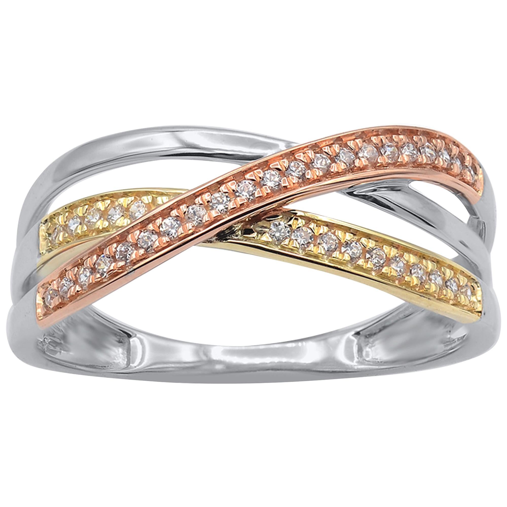 TJD 0.15 Carat Diamond 14 Karat Tri-Color Gold Sparkling Crossover Band Ring For Sale