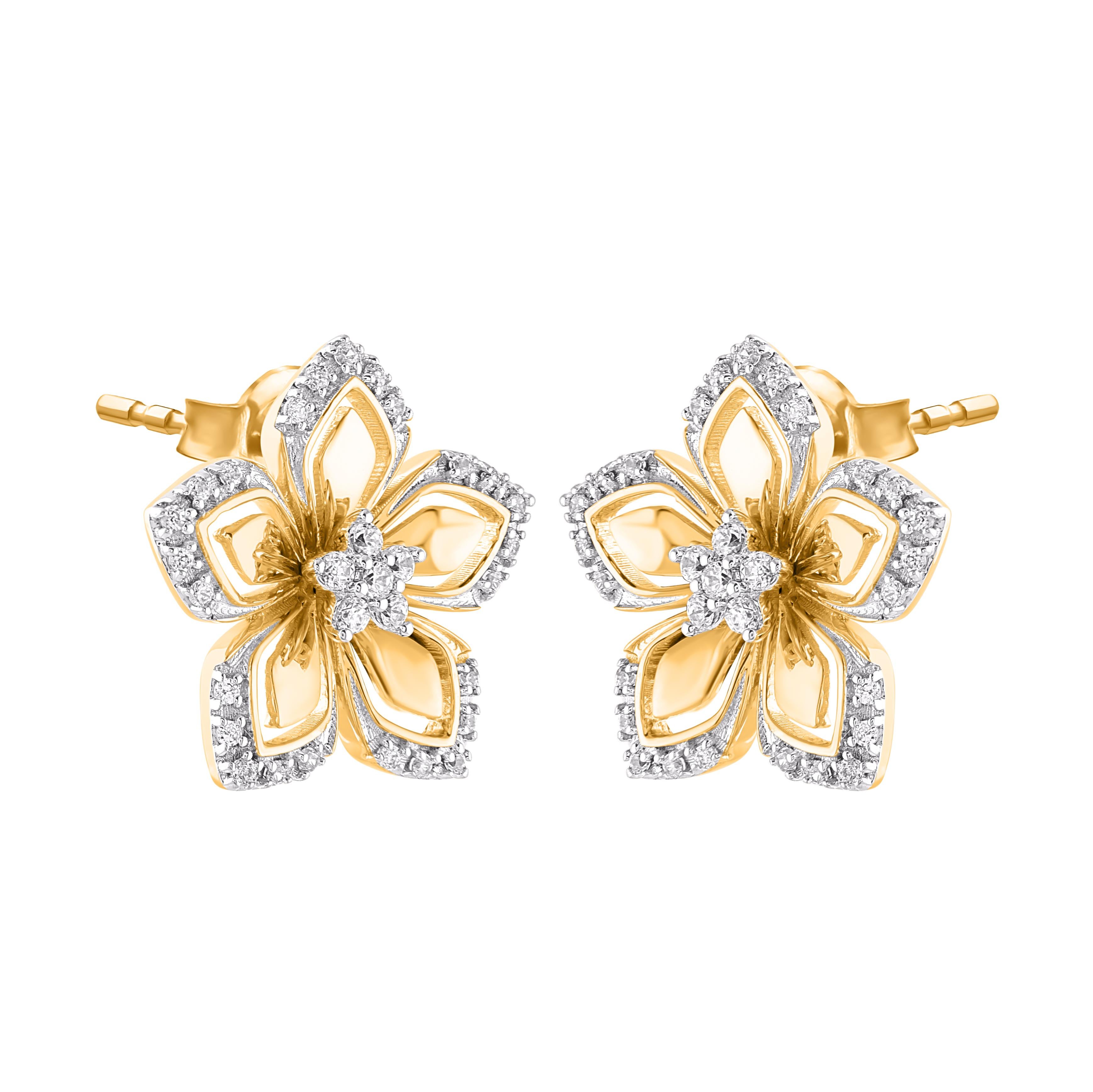 Top of your favorite look with this stunning diamond floral design earrings. The earrings is crafted from 14-karat yellow gold and features 62 single cut white diamond set in prong setting, it shines brightly in H-I color I2 clarity. A high polish