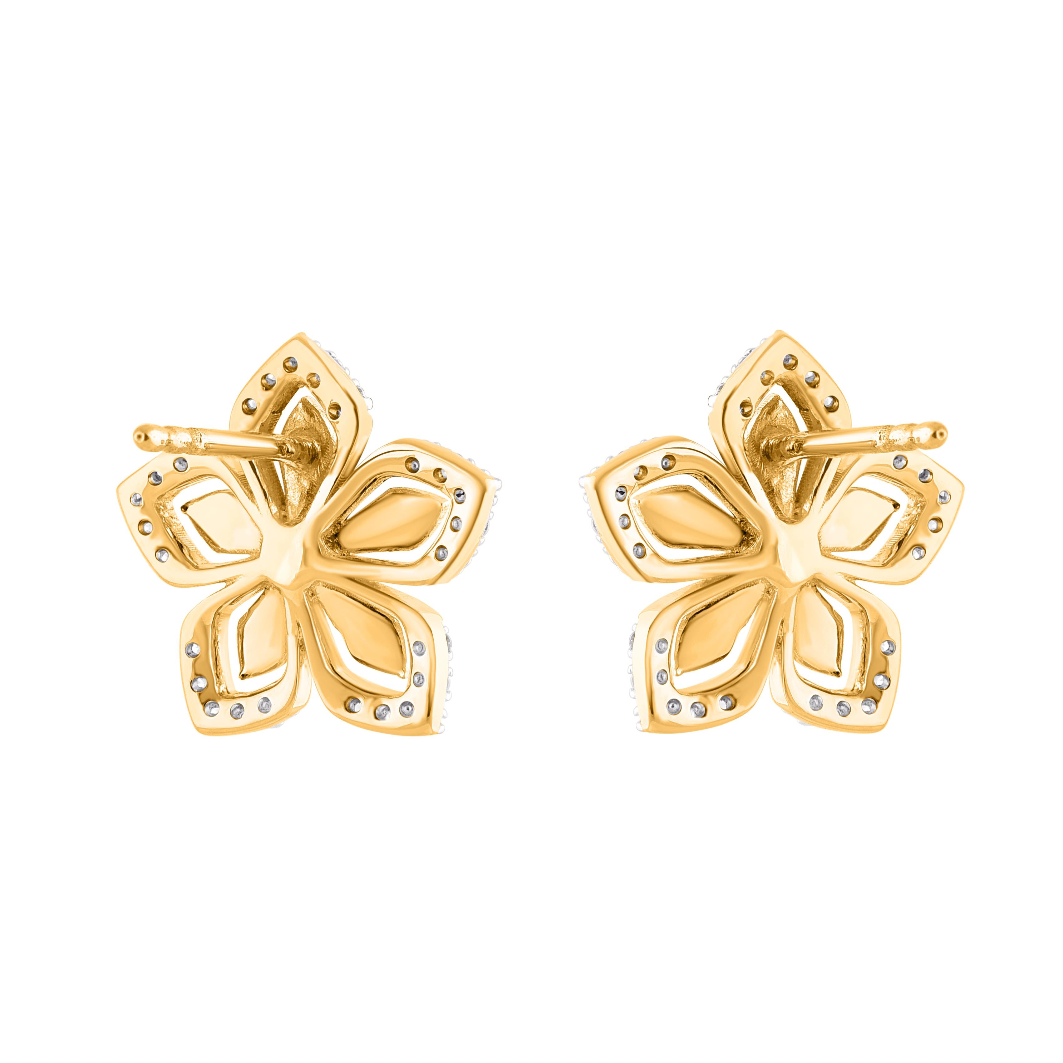 Art Deco TJD 0.15 Carat Round Cut Diamond 14 Karat Yellow Gold Floral Stud Earrings For Sale