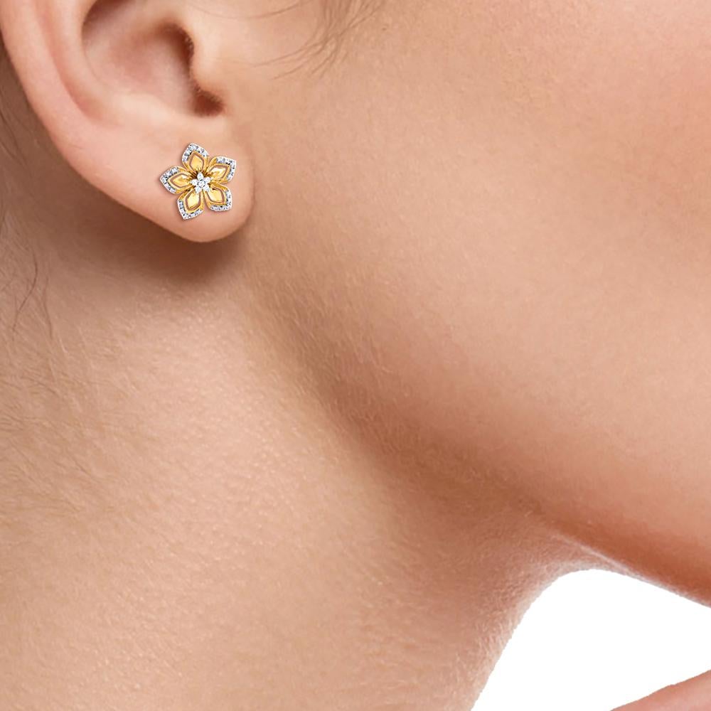 Single Cut TJD 0.15 Carat Round Cut Diamond 14 Karat Yellow Gold Floral Stud Earrings For Sale