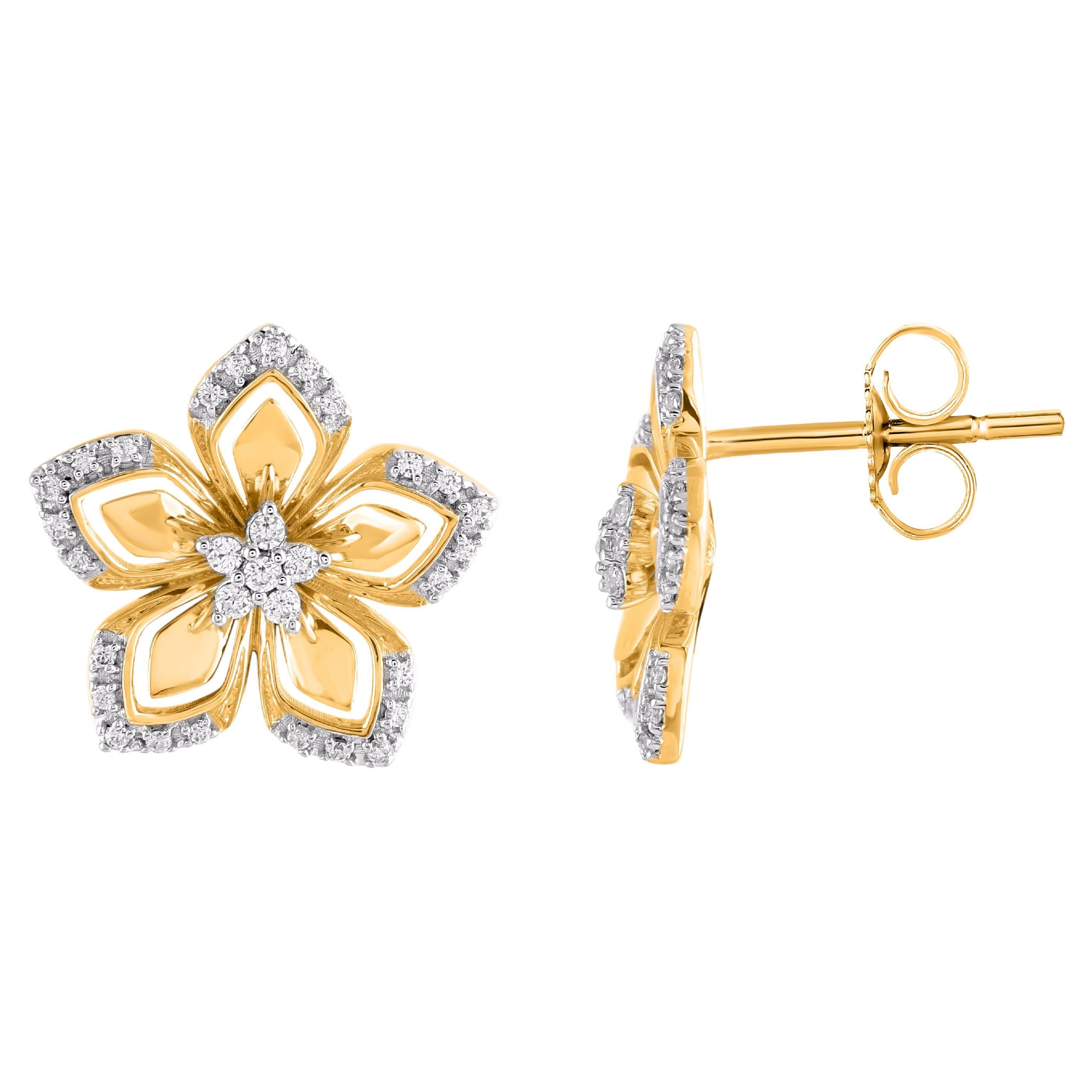 TJD 0.15 Carat Round Cut Diamond 14 Karat Yellow Gold Floral Stud Earrings