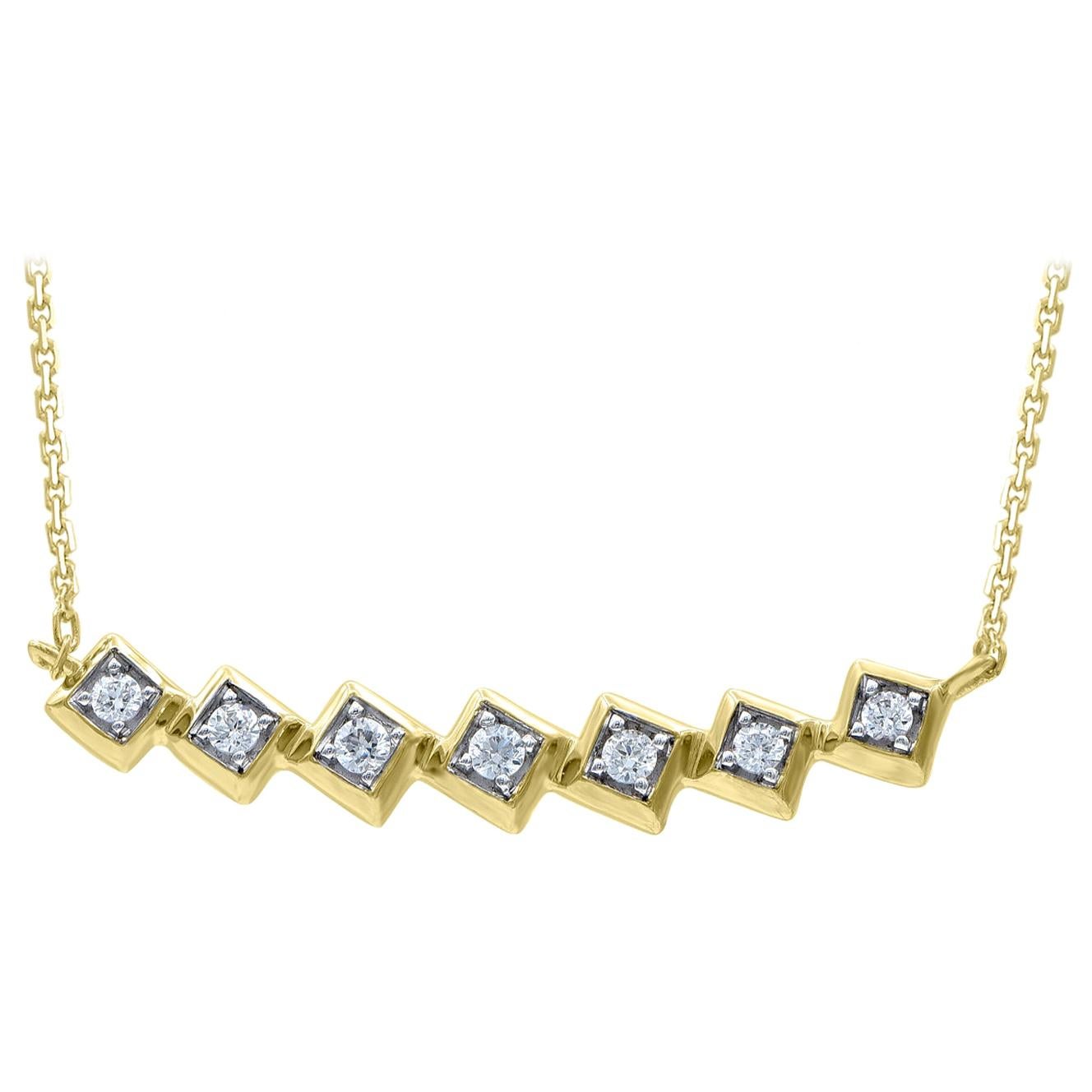 TJD 0.15 Carat Round Diamond 14 Kt Yellow Gold Square Textured Fashion Necklace