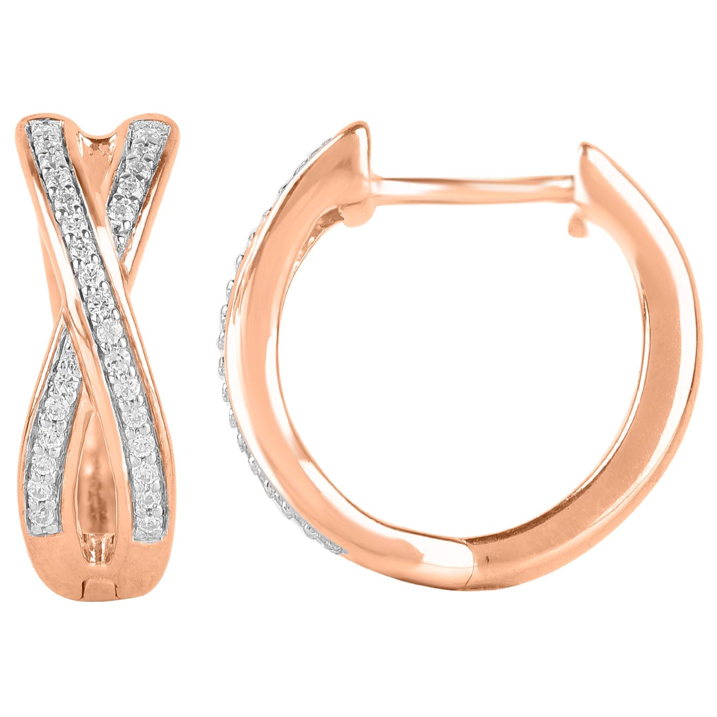 TJD 0.15 Carat Round Diamond 14 Karat Rose Gold Crisscross Huggie Hoop Earrings For Sale