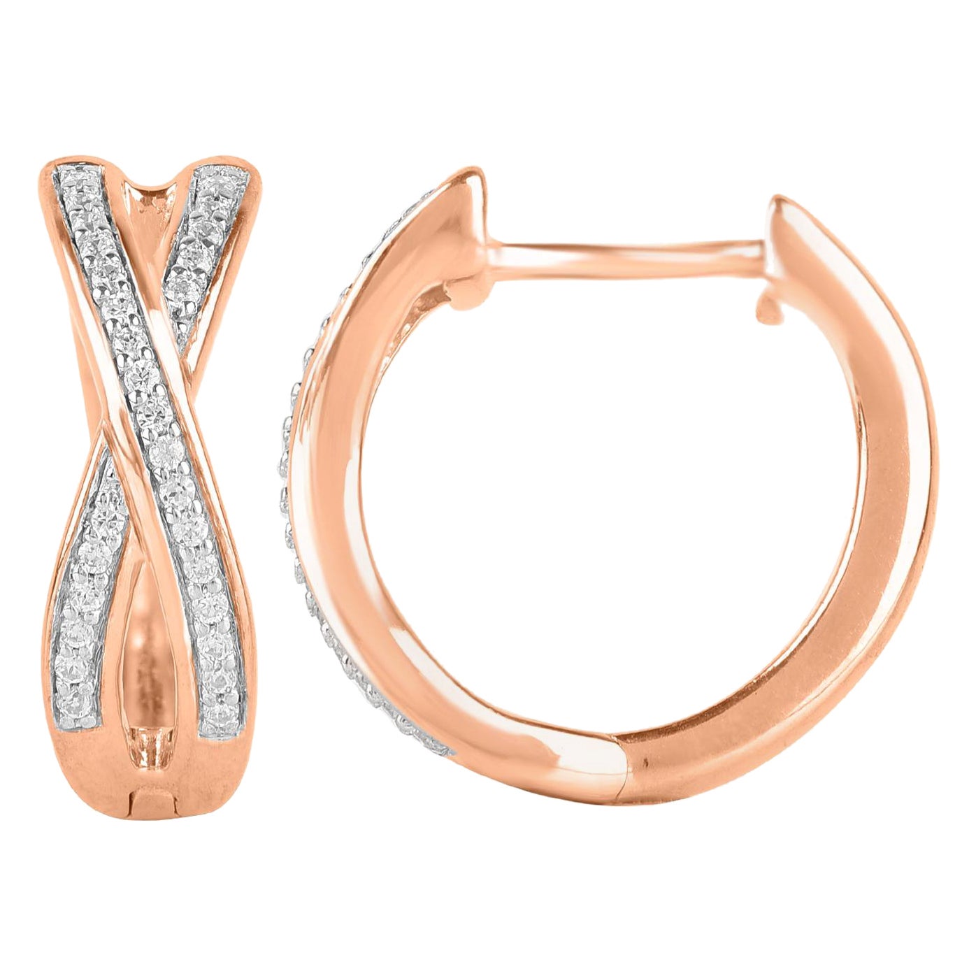 TJD 0.15 Carat Round Diamond 14 Karat Rose Gold Crisscross Huggie Hoop Earrings