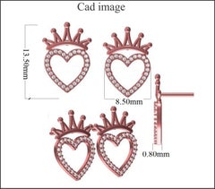 TJD 0.15 Carat Round Diamond 14 Karat Rose Gold Crown Heart Stud Earrings