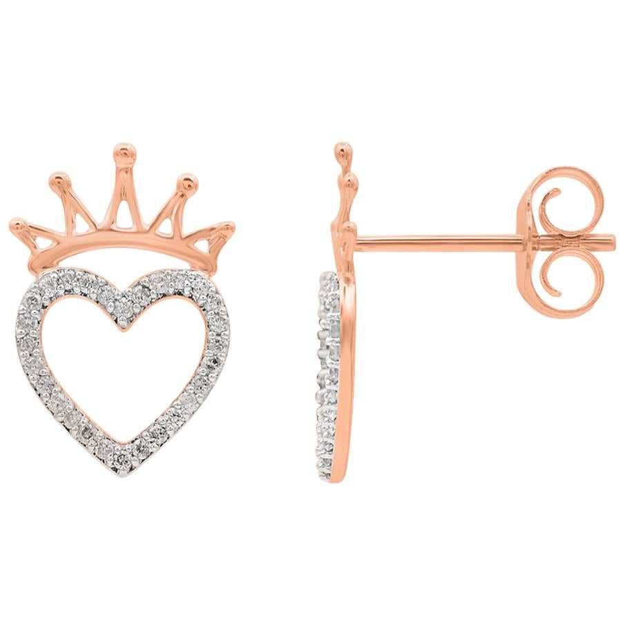 TJD 0.15 Carat Round Diamond 14 Karat Rose Gold Crown Heart Stud Earrings For Sale