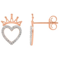 TJD 0.15 Carat Round Diamond 14 Karat Rose Gold Crown Heart Stud Earrings
