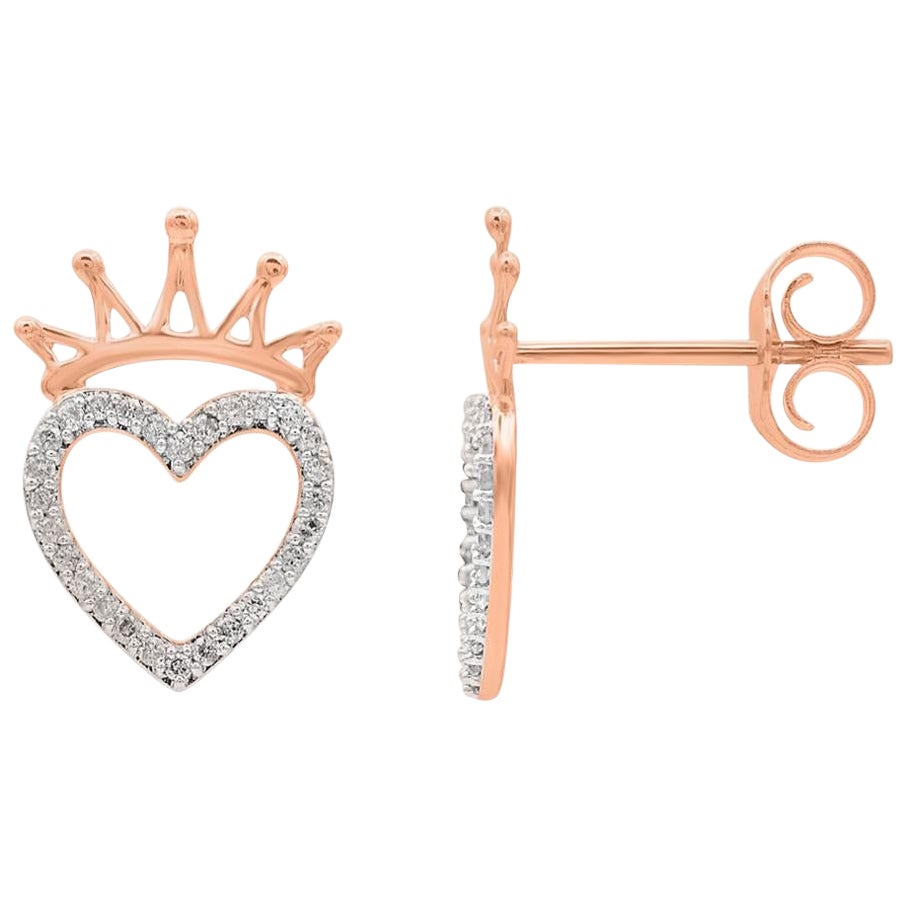 TJD 0.15 Carat Round Diamond 14 Karat Rose Gold Crown Heart Stud Earrings en venta