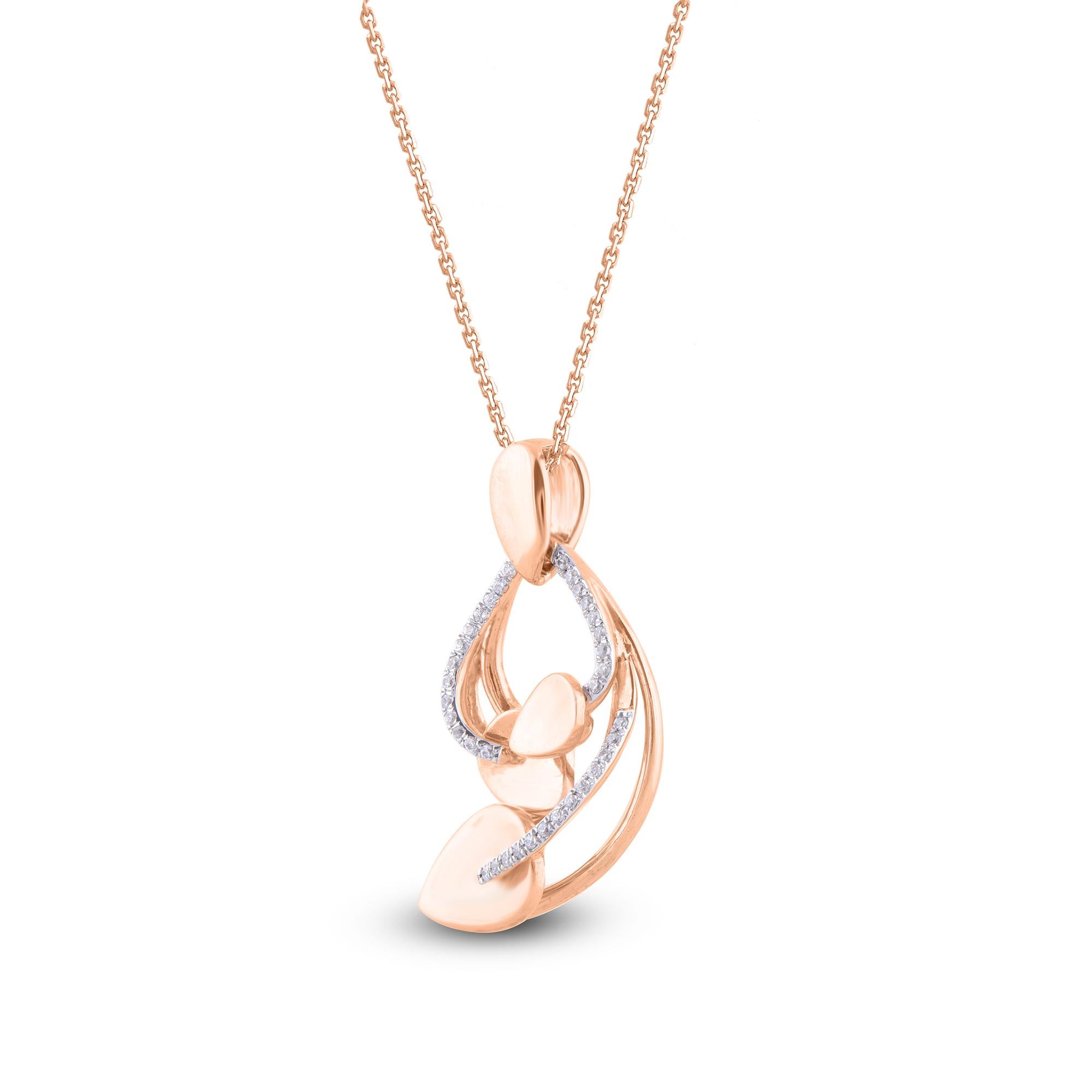 Charming as can be, this designer leaf diamond pendant is charming reminder of fun. Shimmering with 34 round diamond set in micro prong setting and crafted by our in-house experts in 14 karat rose gold. The total diamond weight is 0.15 carat and it