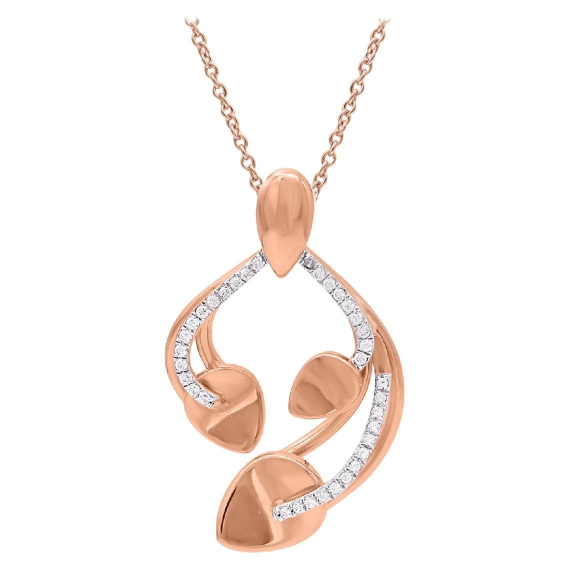 TJD 0.15 Carat Round Diamond 14 Karat Rose Gold Designer Leaf Shaped Pendant