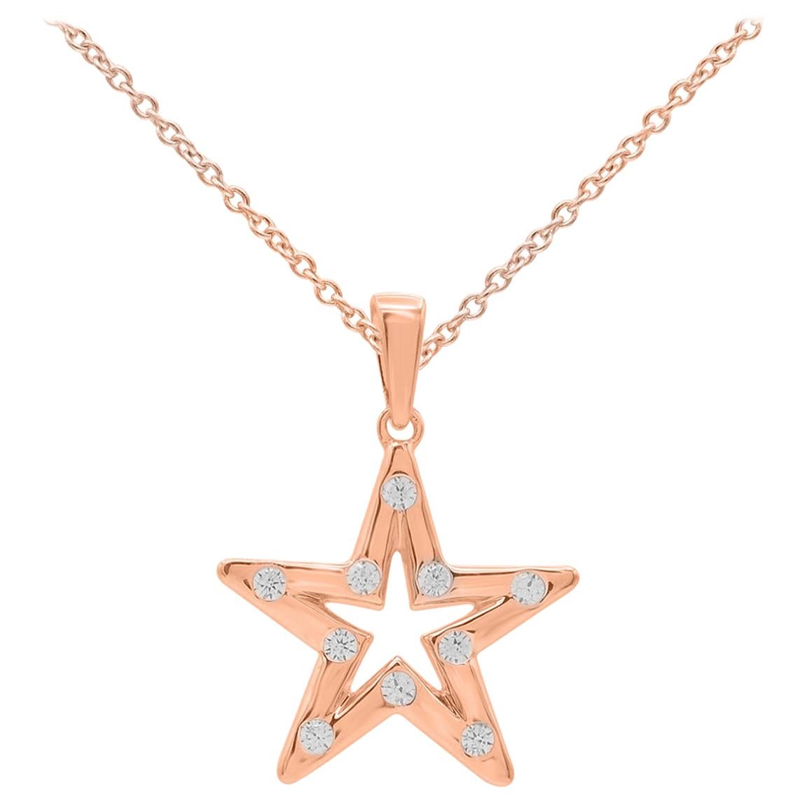TJD 0.15 Carat Round Diamond 14 Karat Rose Gold Designer Star Diamond Pendant