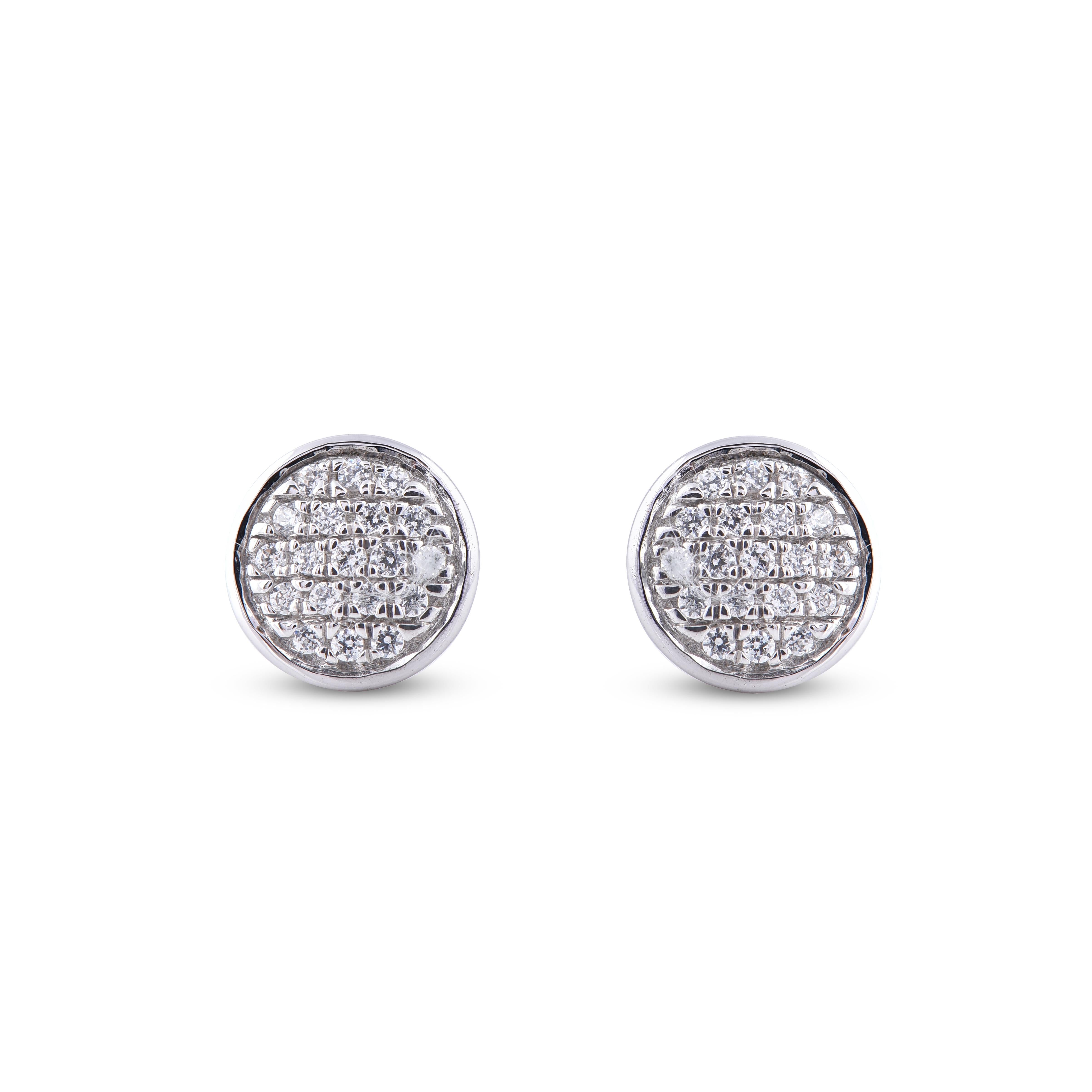 A classic look that compliments any attire, these  design diamond earrings are a stunning addition to your jewelry box. Studded with 38 round diamonds set in pave setting, shimmers in H-I color I2 clarity and crafted in 14 karat white gold.