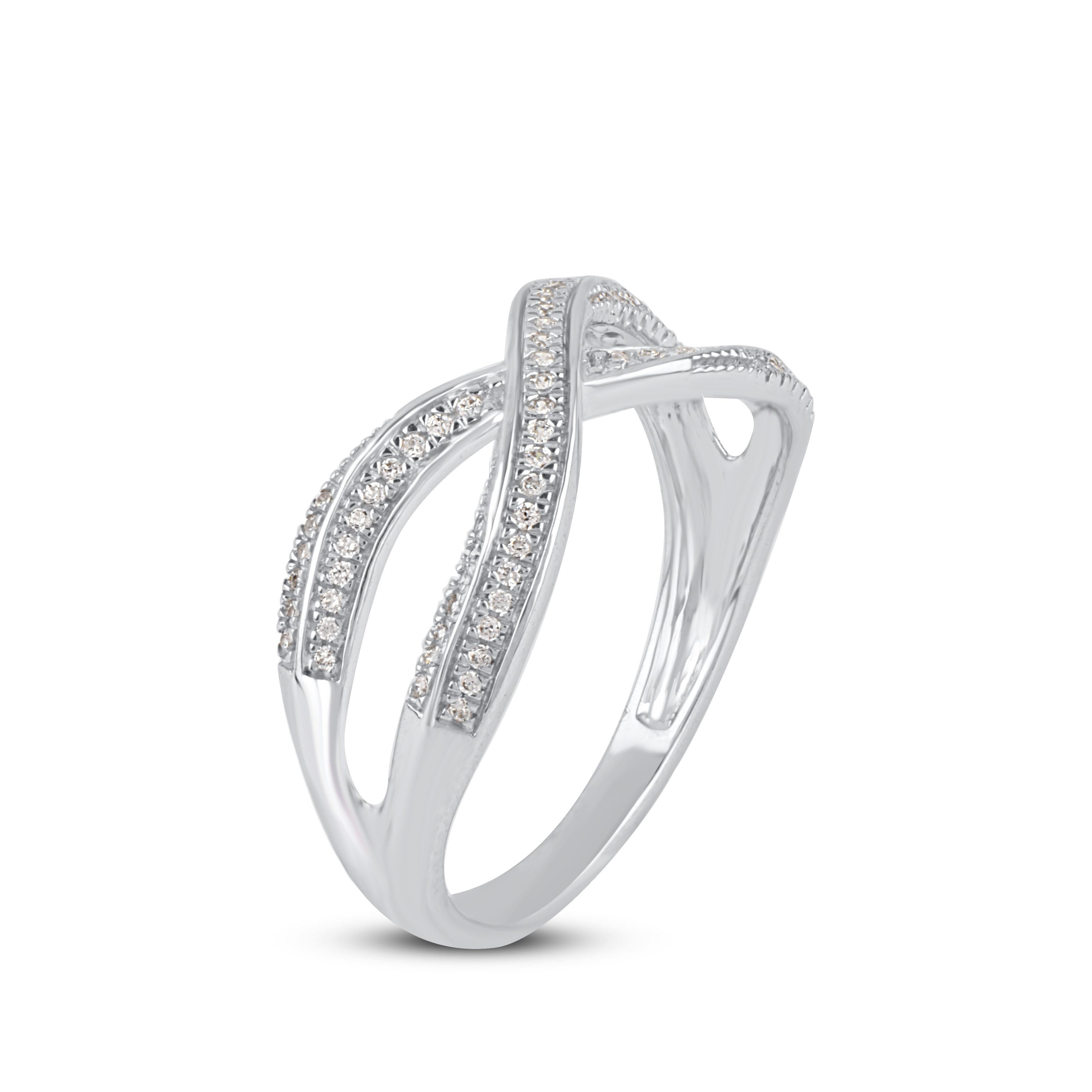 Truly exquisite, this infinity diamond wedding band ring is sure to be admired for the inherent classic beauty and elegance within its design. The total weight of diamonds 0.15 carat, H-I color, I2 Clarity. This ring is beautifully crafted in 14K