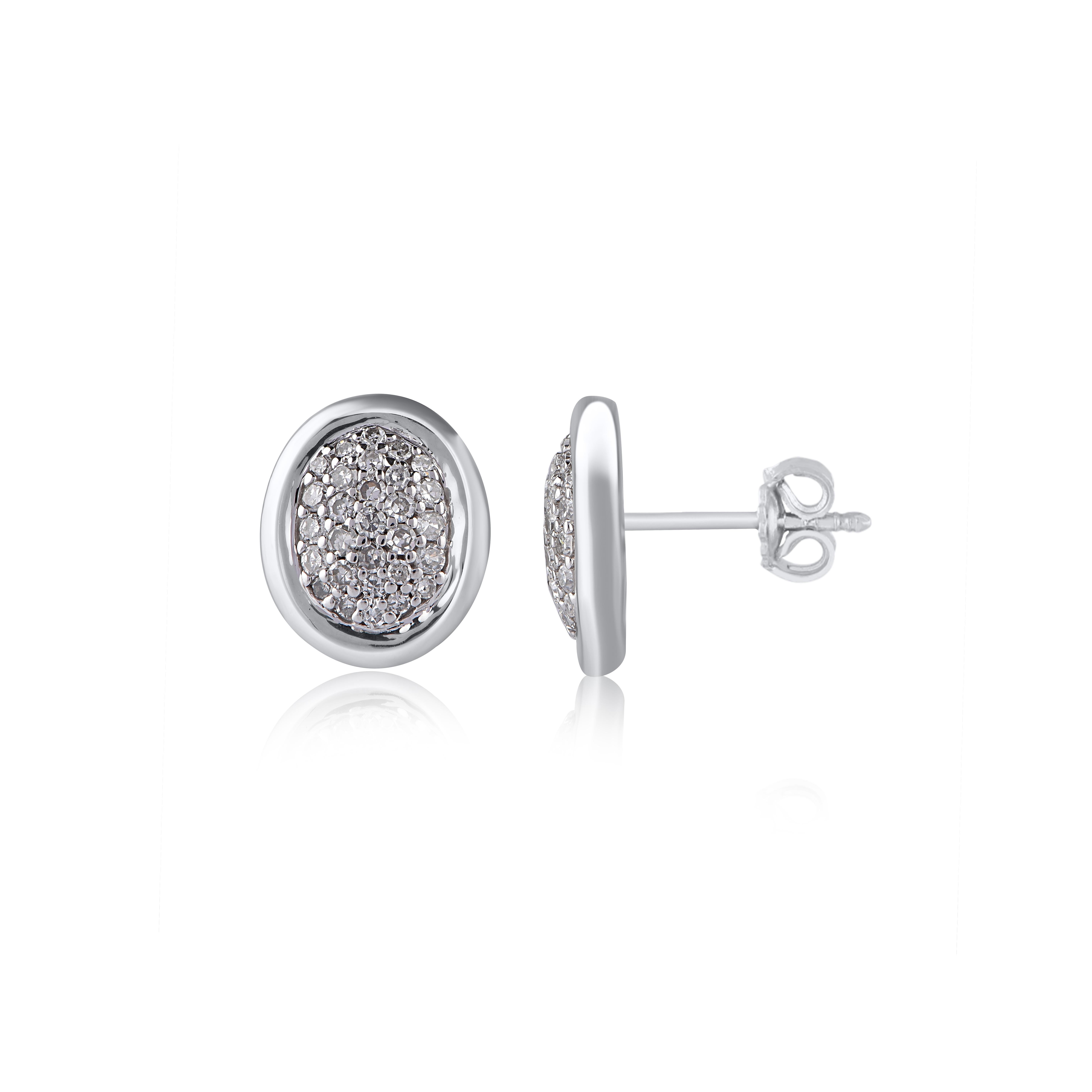 Adorn your formal wear with extra glitz when you put on these diamond stud earrings. Expertly crafted in 14K White Gold,  earring is cleverly filled with 58 round single cut diamonds. A bright polished shine, these sparkling post earrings secure