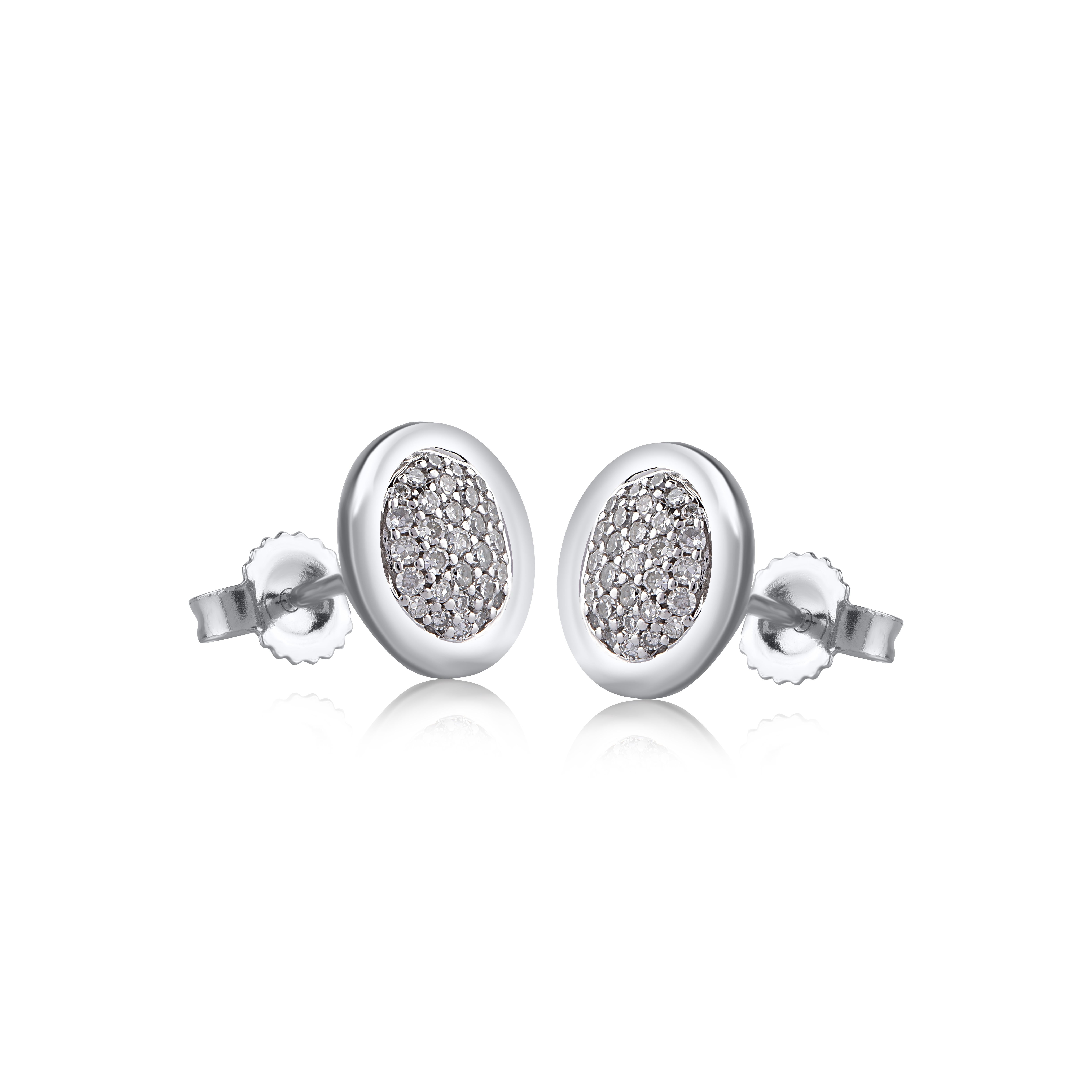Art Deco TJD 0.15 Carat Round Diamond 14 Karat White Gold Oval Shaped Stud Earrings For Sale