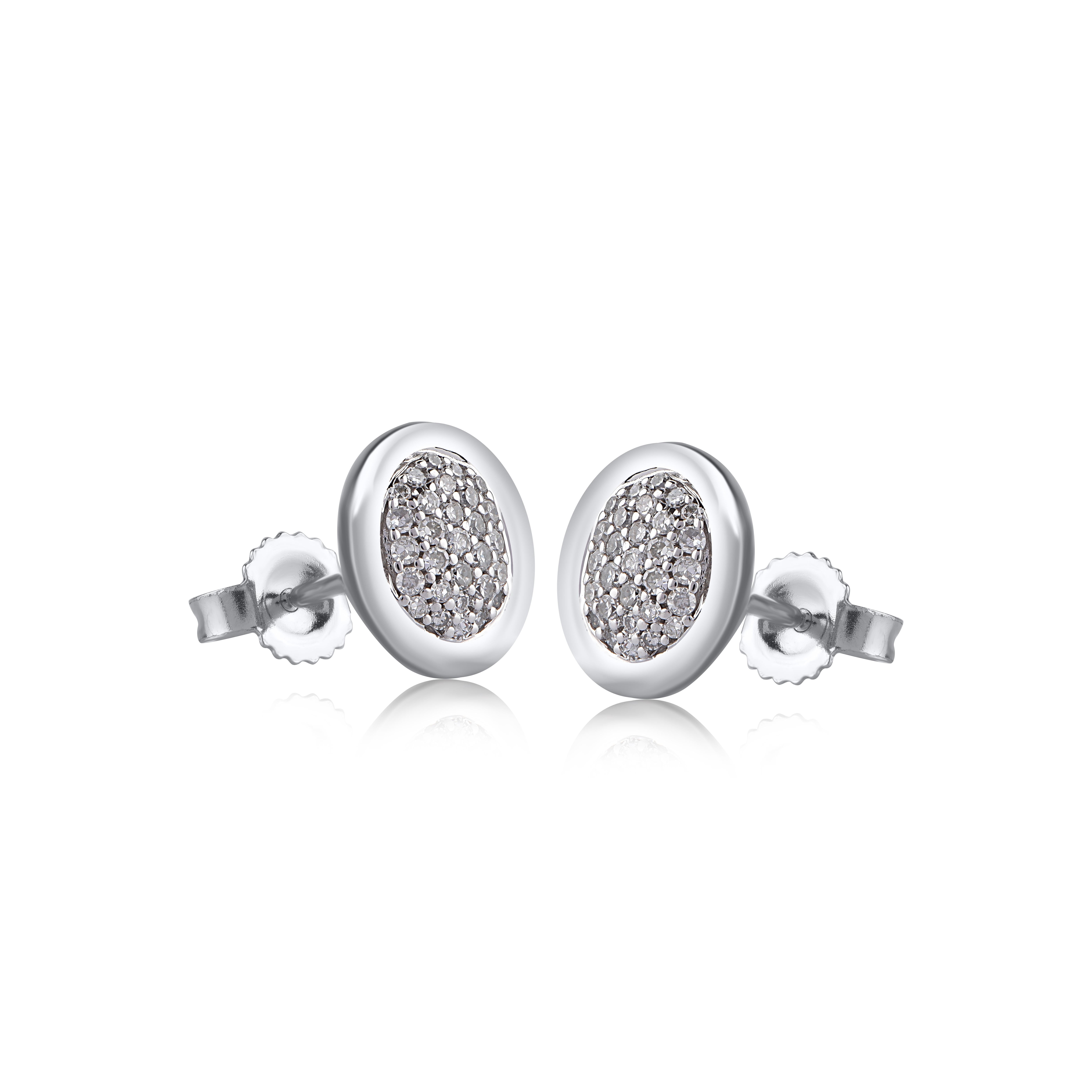 Art Deco TJD 0.15 Carat Round Diamond 14 Karat White Gold Oval Shaped Stud Earrings For Sale