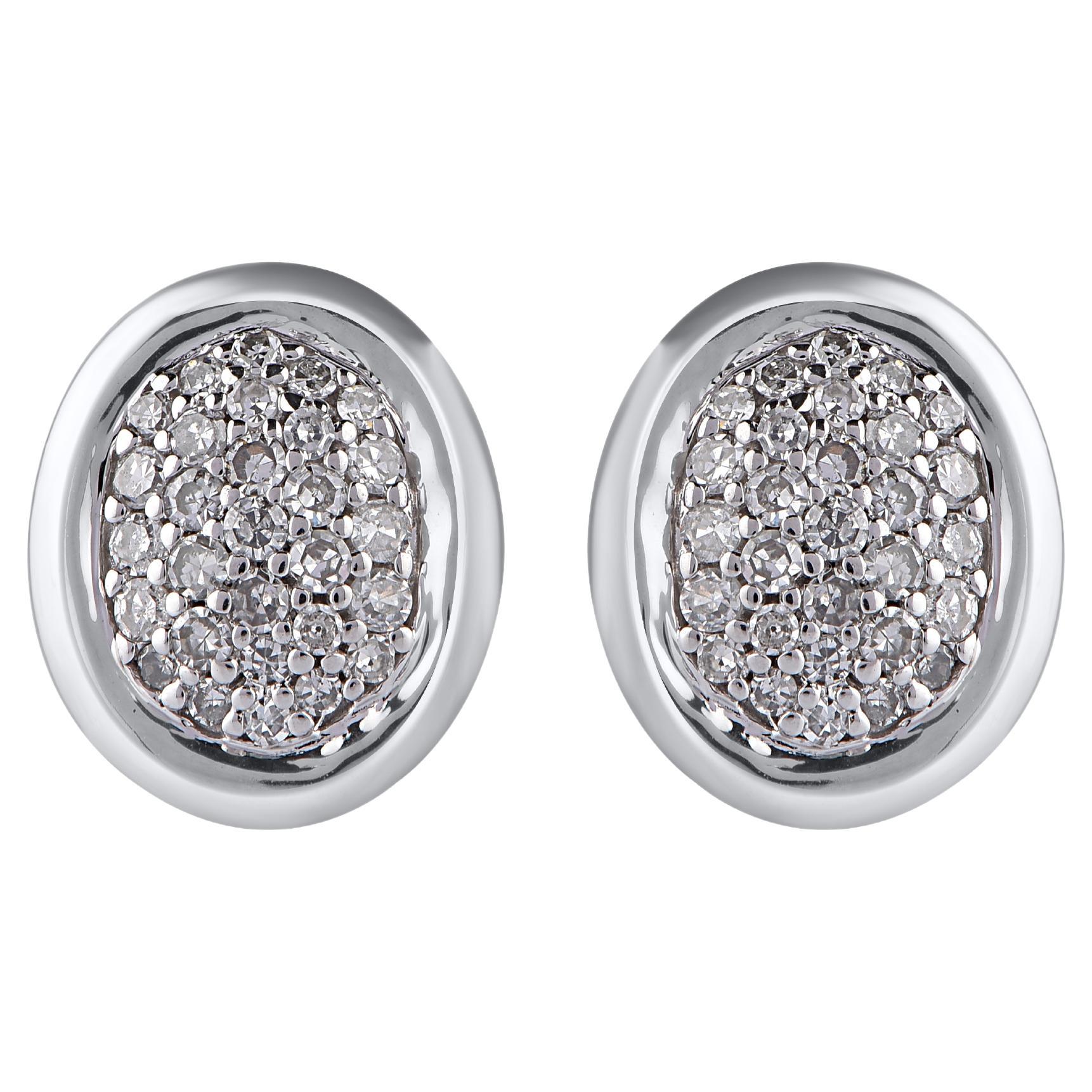 Clous d'oreilles ovales en or blanc 14 carats avec diamants ronds 0,15 carat TJD