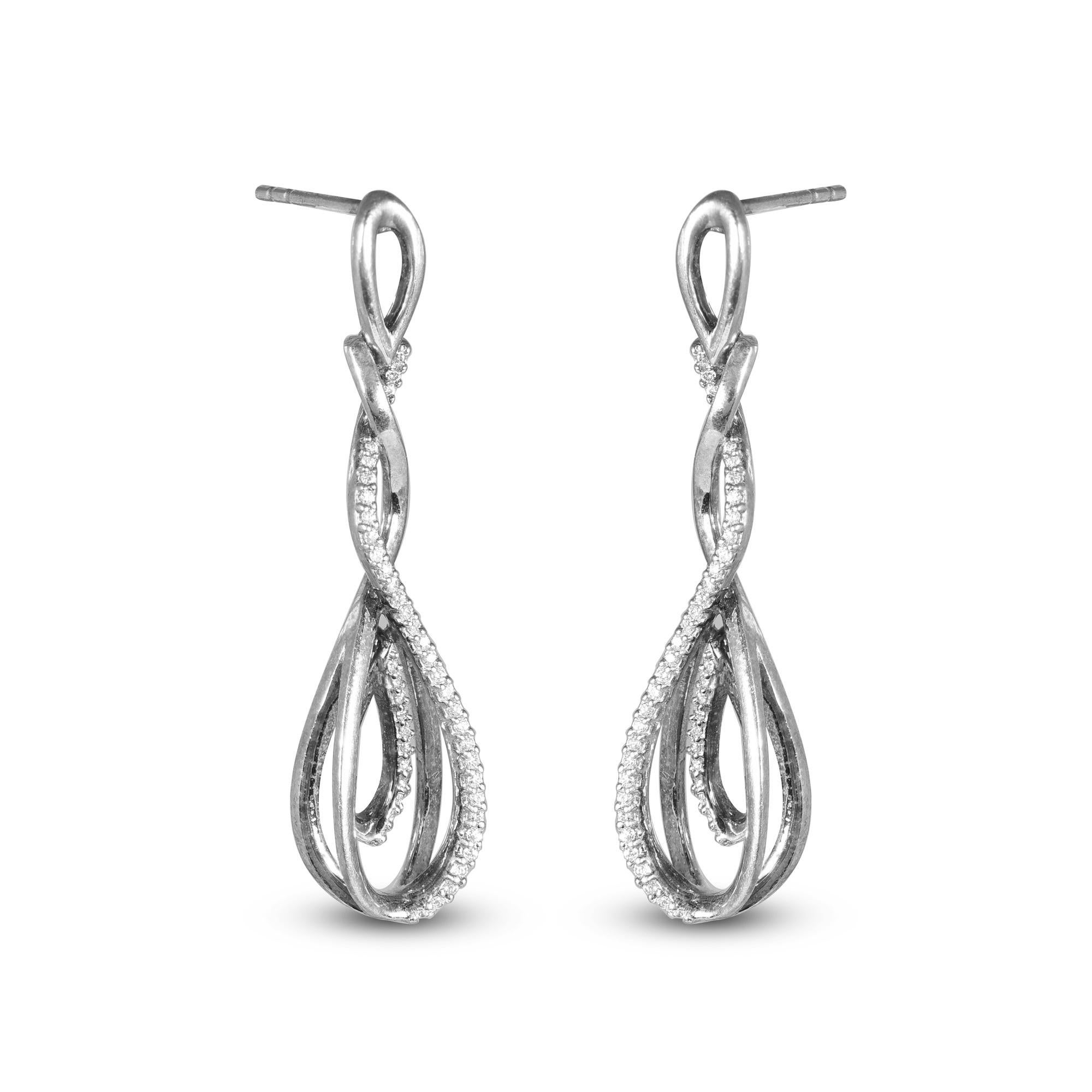 Art Déco TJD Orecchini a goccia a spirale in oro bianco 14 carati con diamante rotondo da 0,15 carati in vendita