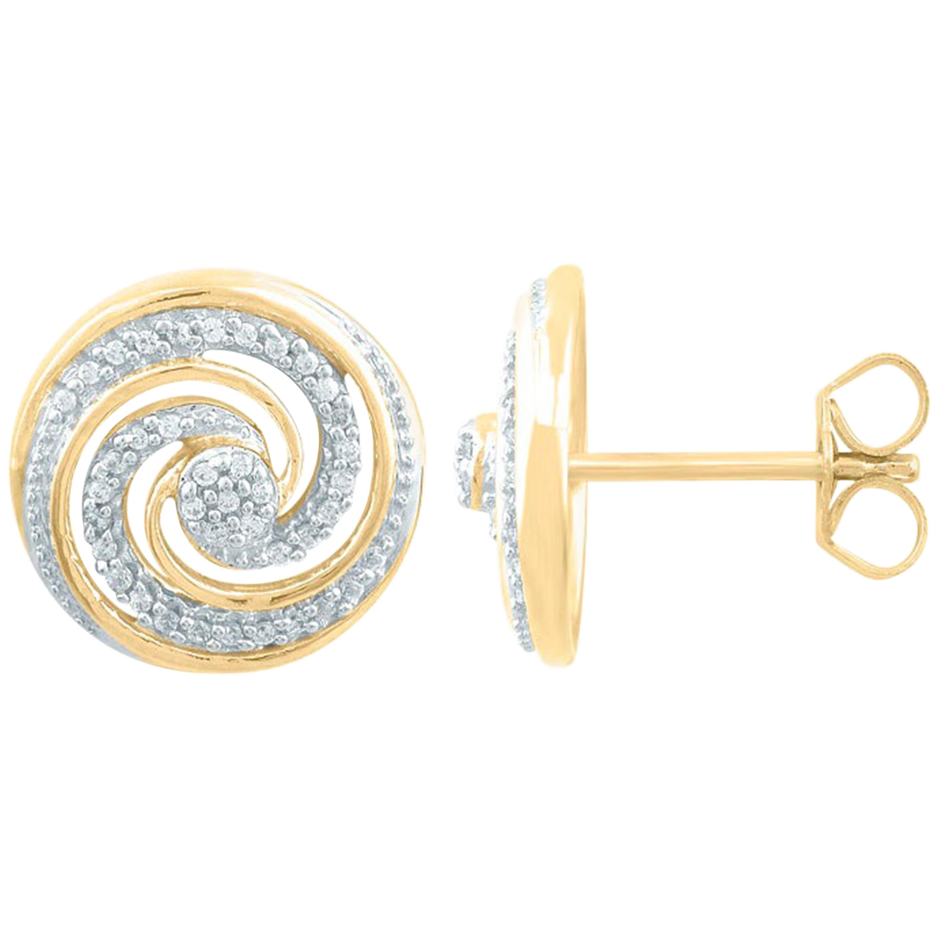 Clous d'oreilles en forme de spirale en or jaune 14 carats avec diamants ronds 0,15 carat, certifiés TJD