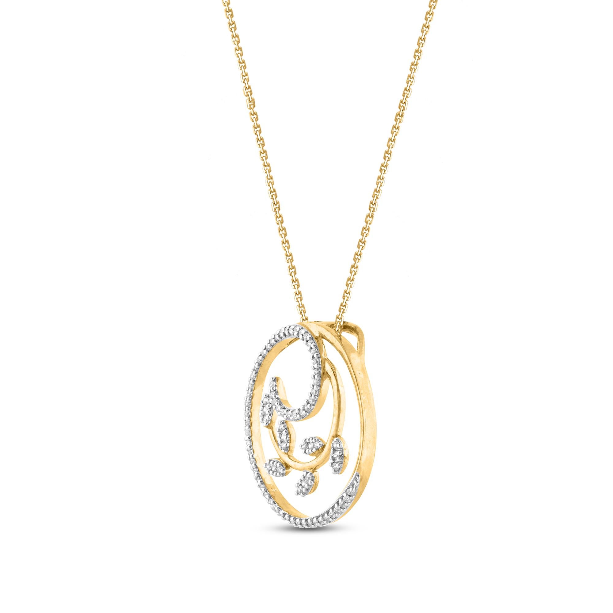 Bestow a timeless look when you choose this encircled leaf designer diamond pendant. The total diamond weight is 0.15 carat and shines in H-I color, I2 clarity. Beautifully crafted by our inhouse experts in 14 karat yellow gold and studded with 76
