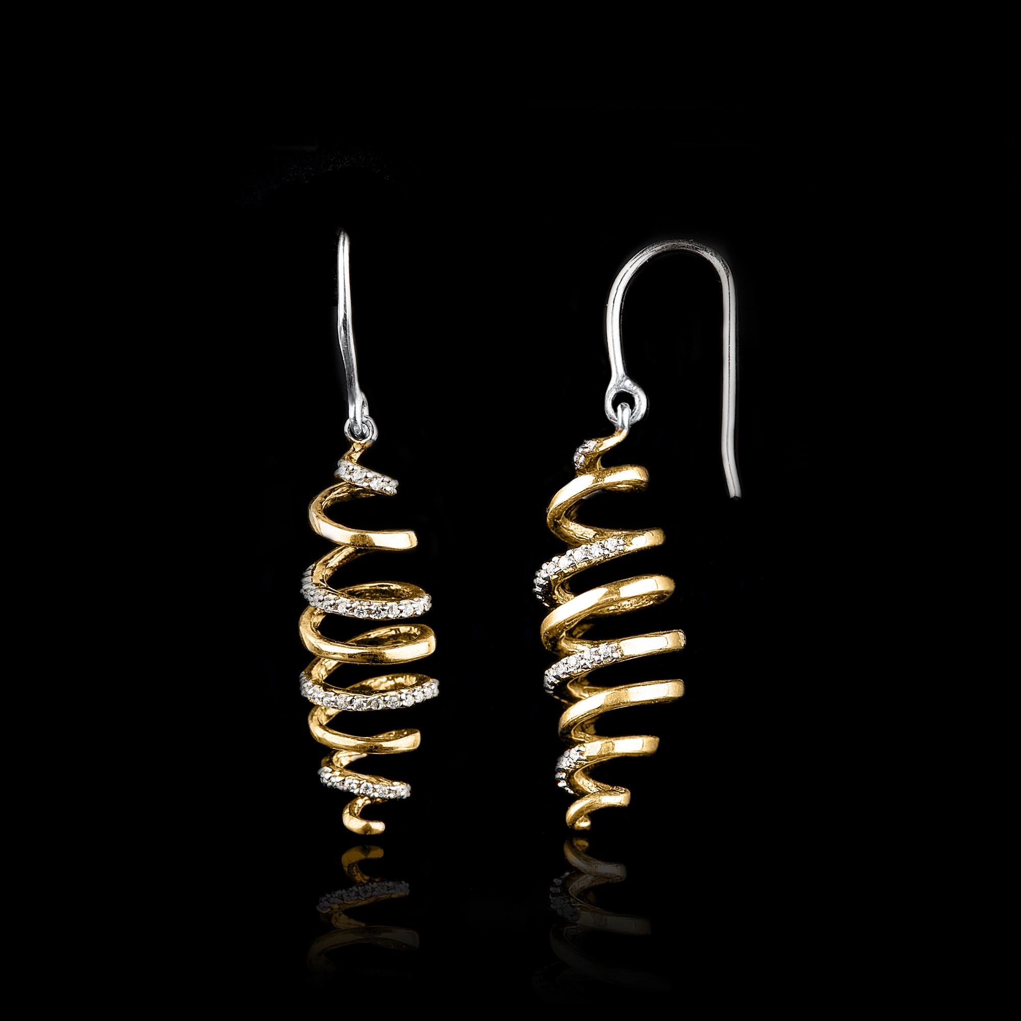 TJD 0.15 Carat Round Diamond 14K Two-Toned Gold Spiral Dangling Drop Earrings In New Condition For Sale In New York, NY