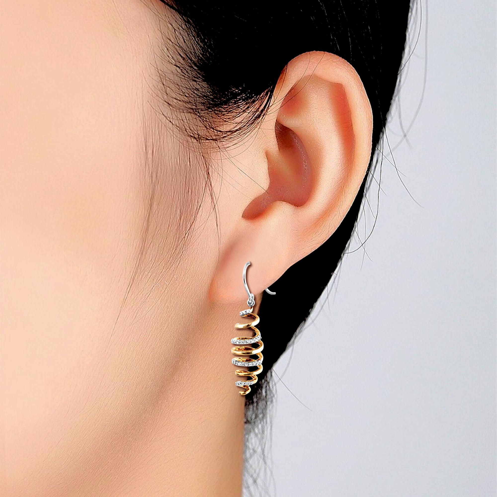 Women's TJD 0.15 Carat Round Diamond 14K Two-Toned Gold Spiral Dangling Drop Earrings For Sale