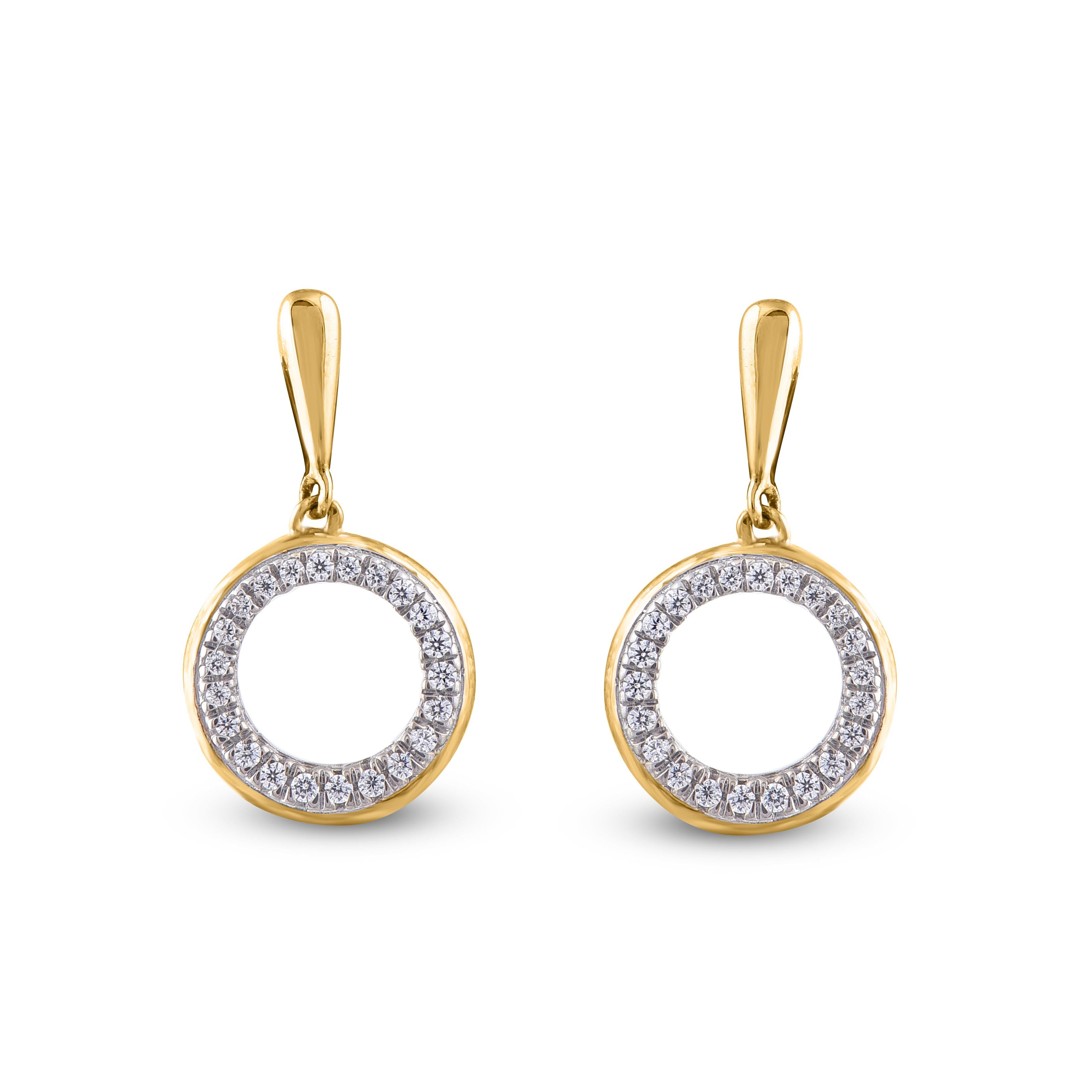 The perfect complement to her classic style, this diamond drop earrings shines with your happily ever after. These earrings feature dazzling with 44 round diamond set in prong setting. These earrings top post settings that secure comfortably with