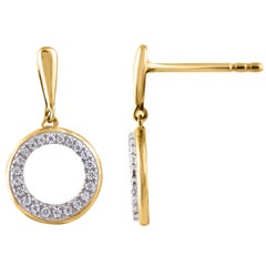 Boucles d'oreilles pendantes en or jaune 14 carats avec diamants ronds naturels 0,15 carat TJD