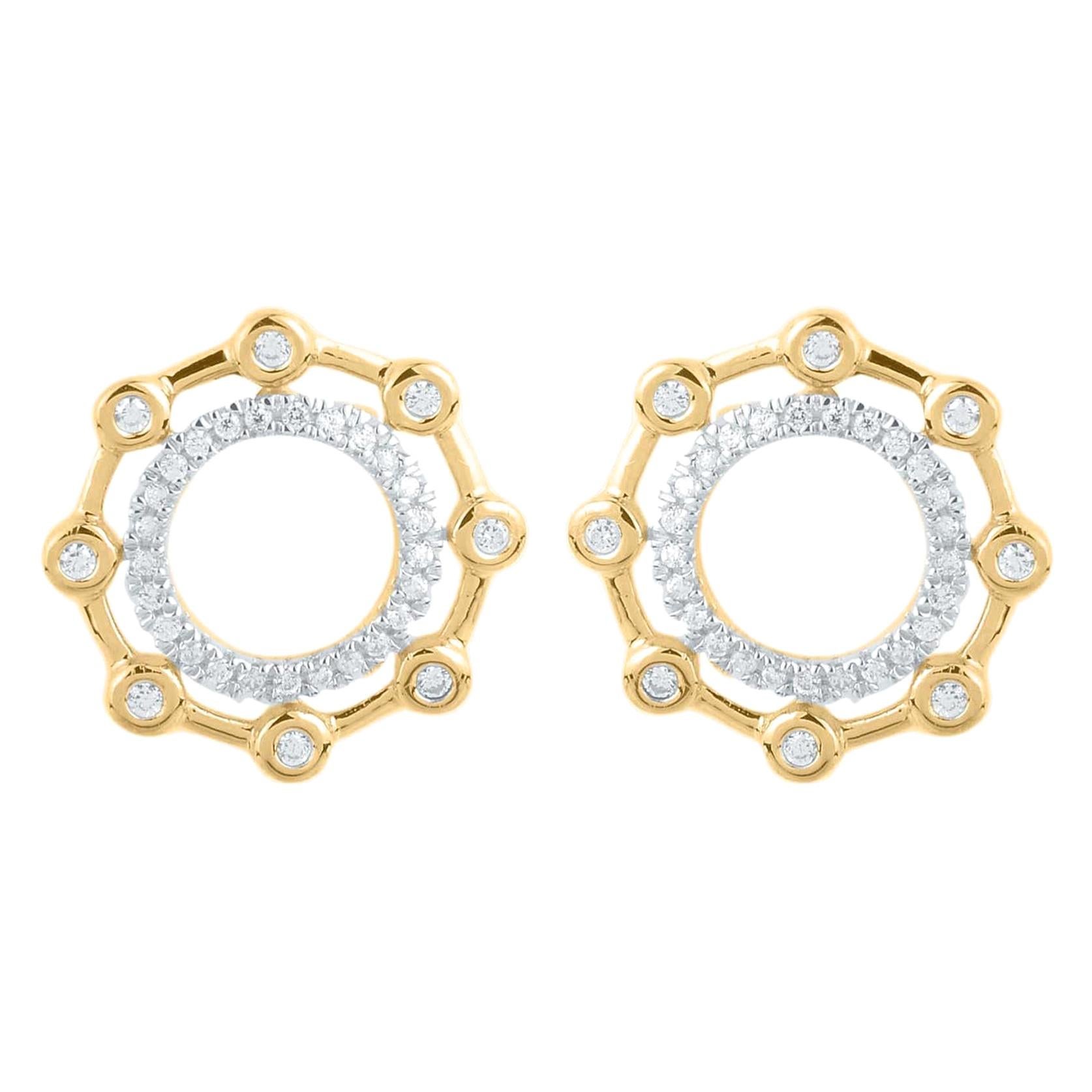 TJD 0.15 Carat Round Diamond 14K Yellow Gold Double Circle Fashion Stud Earrings