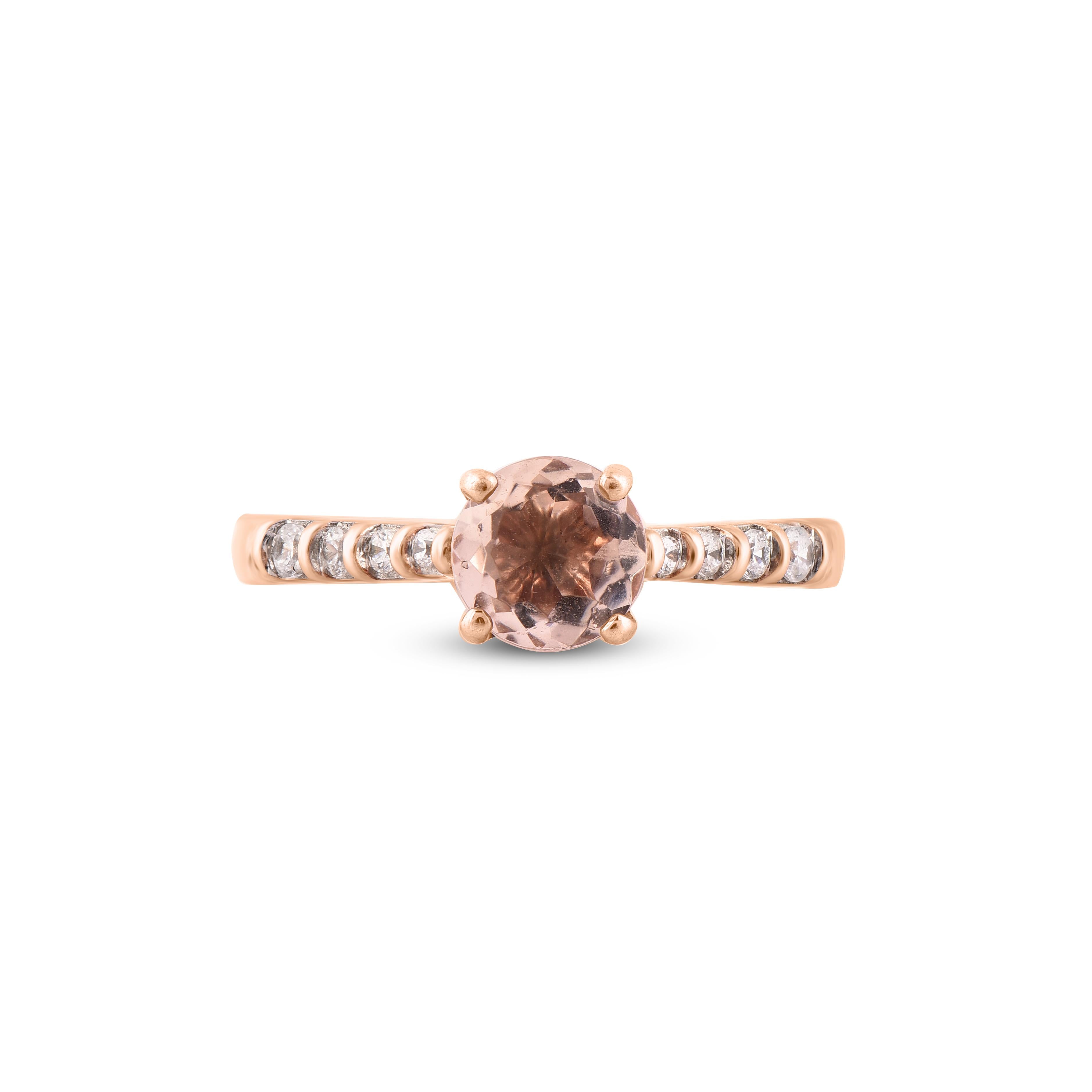 Art Deco TJD 0.15 Carat round Diamond and 6.5 mm Morganite 14 Karat Rose Gold Ring For Sale