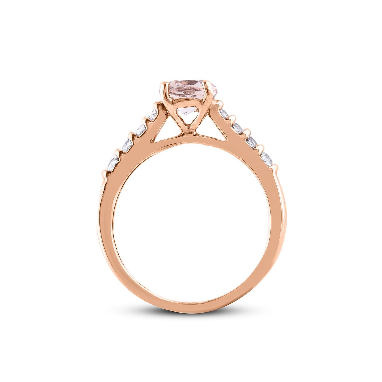 TJD 0.15 Carat round Diamond and 6.5 mm Morganite 14 Karat Rose Gold Ring In New Condition For Sale In New York, NY