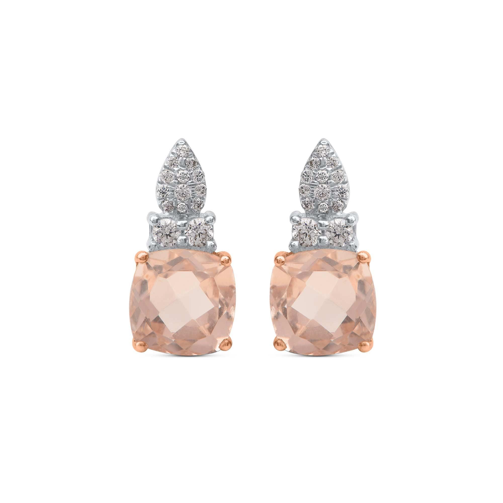 Contemporary TJD 0.15 CTW Diamond and 6MM Cushion Cut Morganite 18 K Rose Gold Halo Earrings For Sale