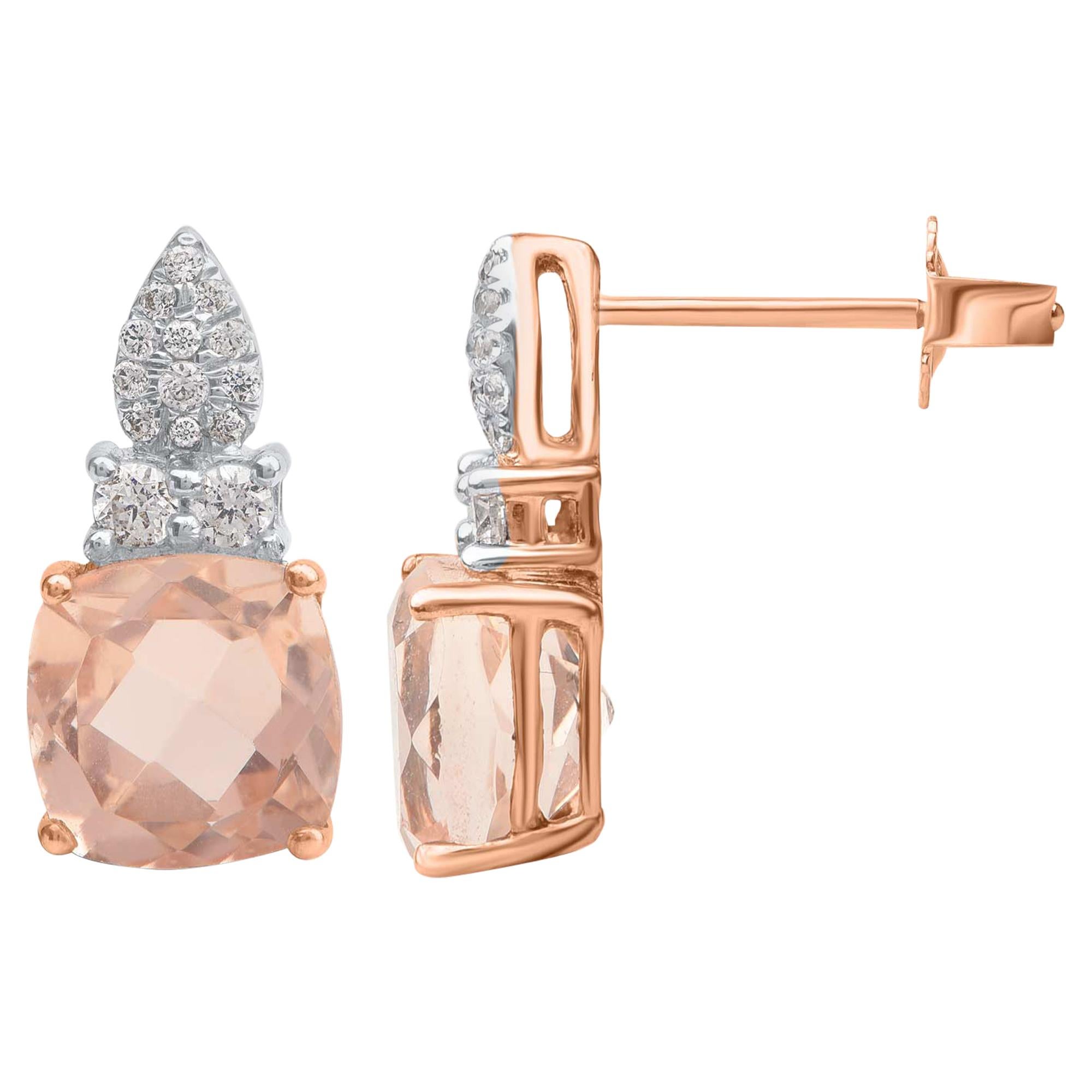 TJD 0.15 CTW Diamond and 6MM Cushion Cut Morganite 18 K Rose Gold Halo Earrings For Sale