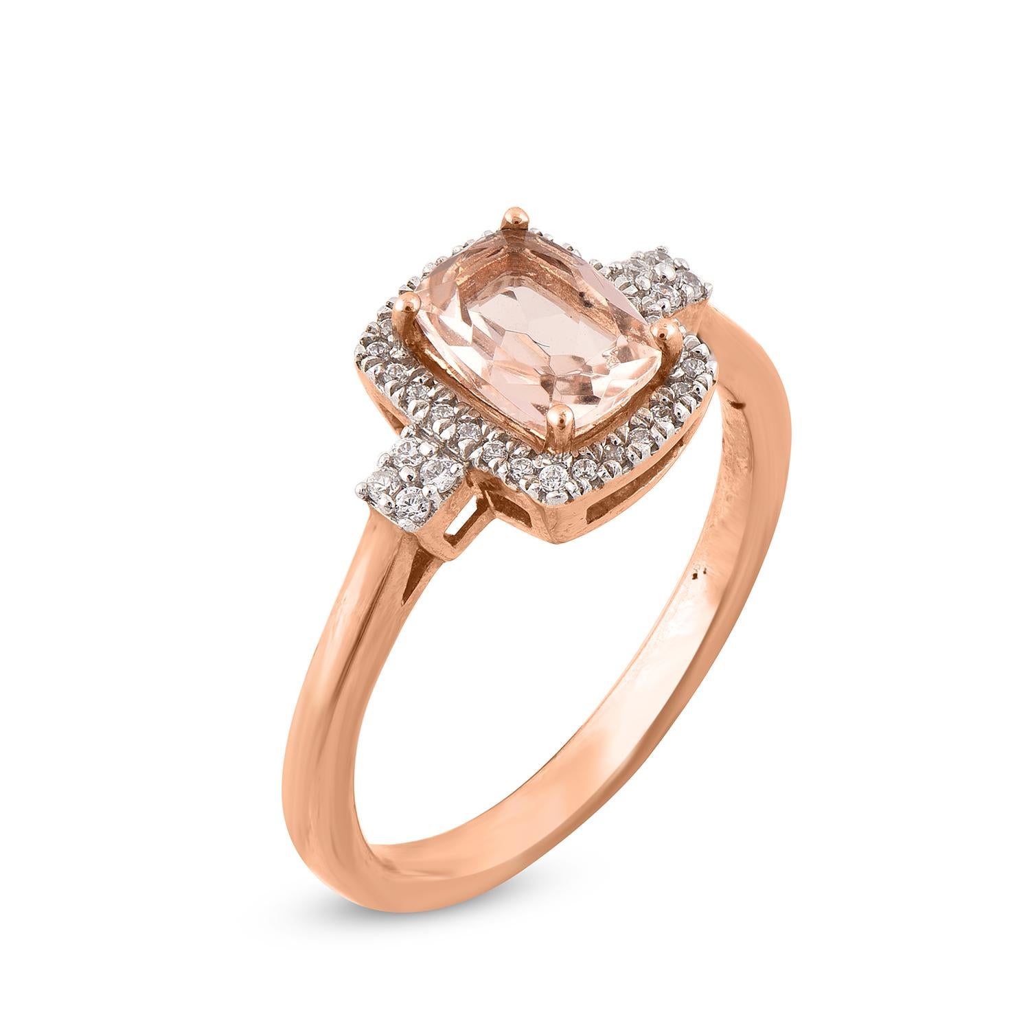 Wear this ring with pride knowing you're the special.This stunning ring is embedded with 34 white round diamonds and centered cushion shape morganite gemstone in prong setting and designed by experts in 14 karat rose gold. Diamonds are graded H-I