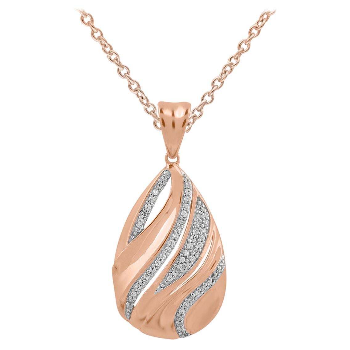 TJD 0.15Carat Round Diamond 14 Karat Rose Gold Wave Pear Shaped Designer Pendant For Sale