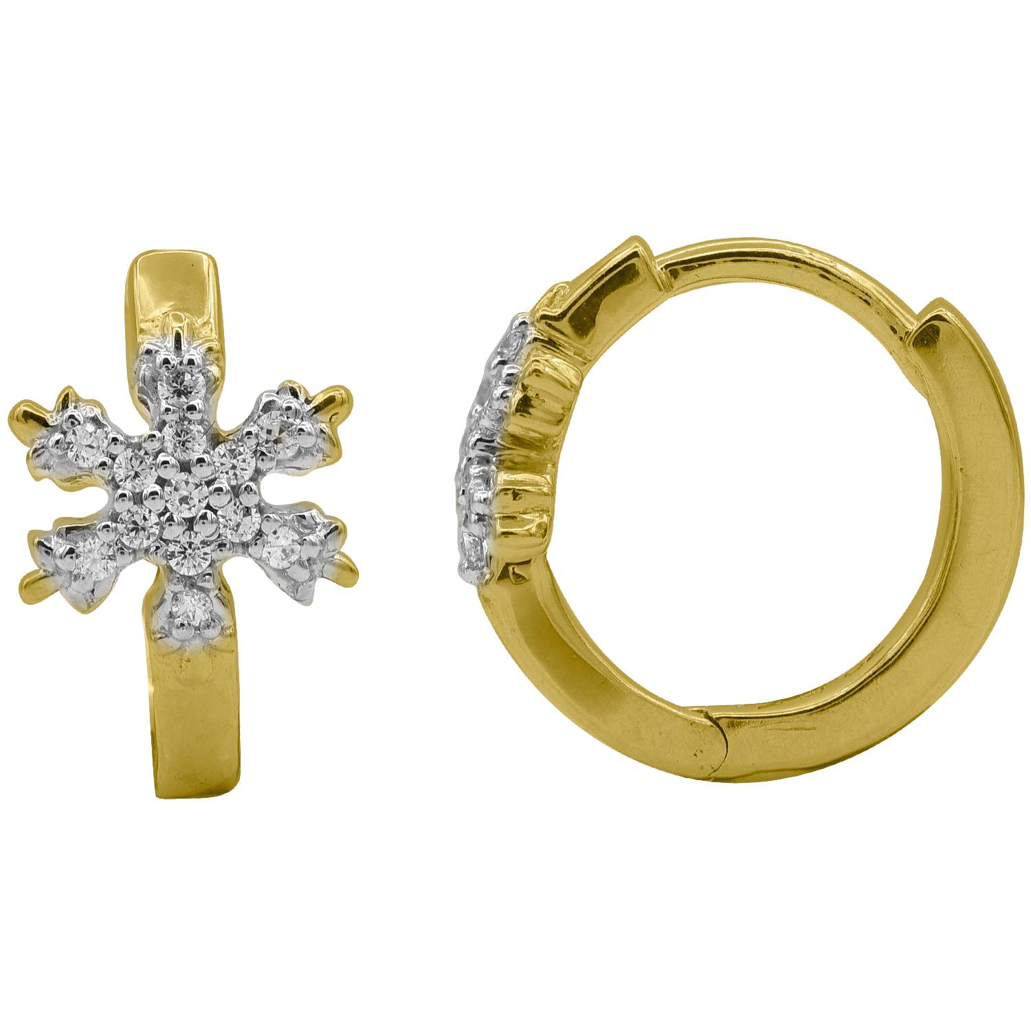 TJD 0.15Carat Round Diamond 14 Karat YellowGold Designer Snowflake Hoop Earrings For Sale