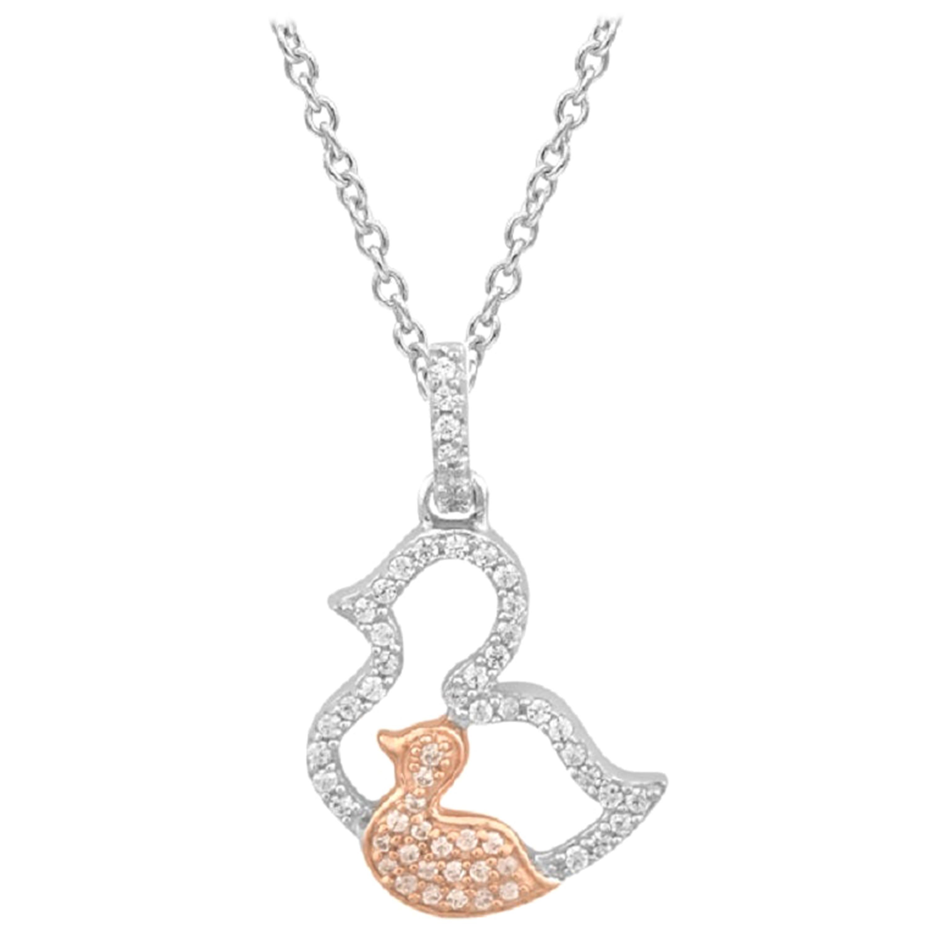 TJD 0.15Ct Nat Pink Rosé & White Diamond 14K 2-Tone Gold Mom & Baby Duck Pendant For Sale