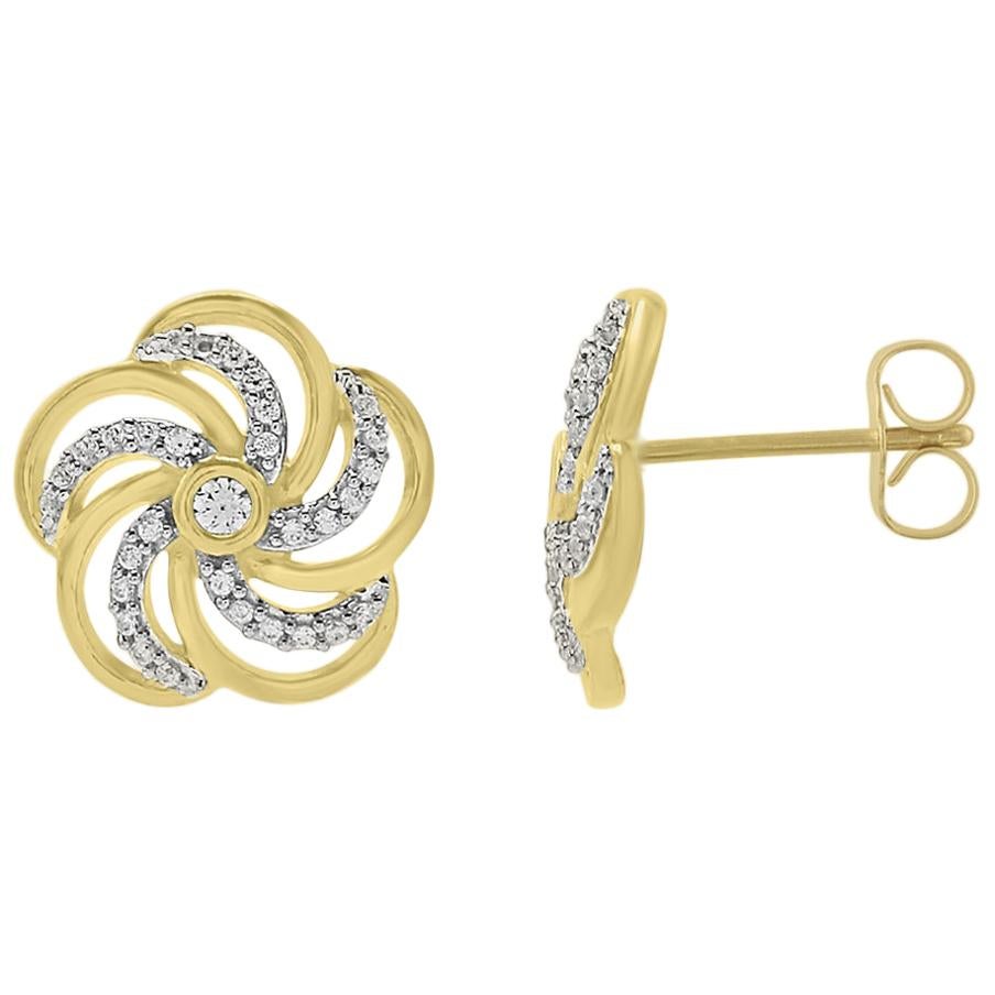 TJD 0.15Carat Round Diamond 14K YellowGold Bezel Set Floral Design Stud Earrings For Sale