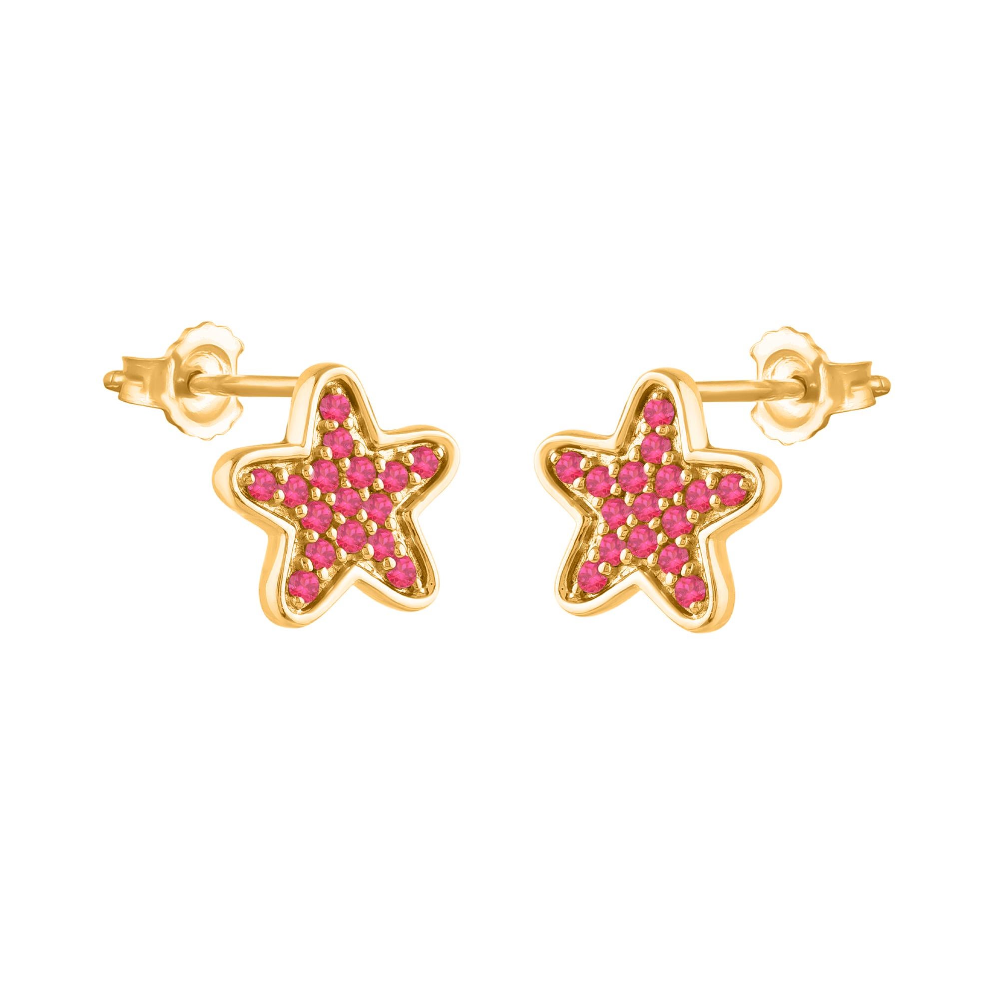 Contemporain Clous d'oreilles en forme d'étoile en or jaune avec rubis rond 0,16 carat TJD en vente