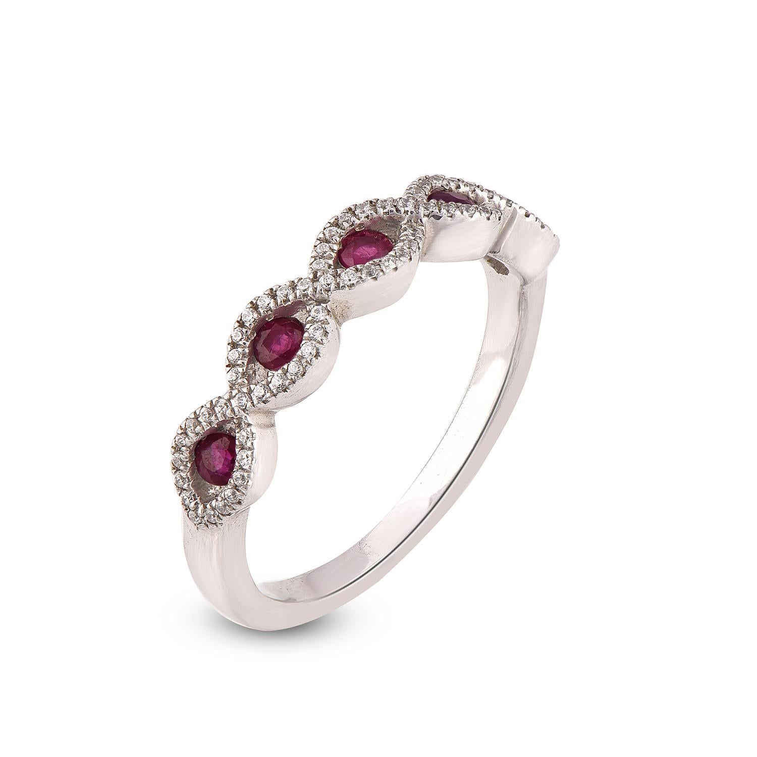 Wear this unique gemstone ring as a wedding band. This Channel set twisted ruby ring band is carefully crafted in 14 Karat white gold. This infinity ring with gemstones showcases approximately 5 round cut rubies and 70 round white diamond. The