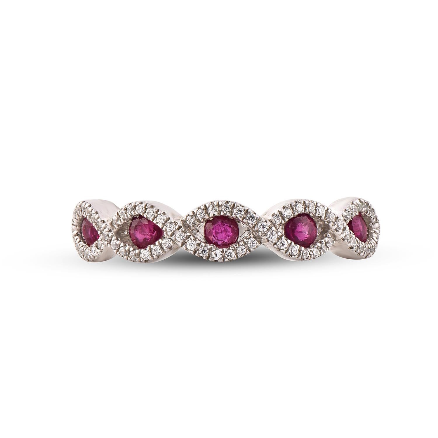 Round Cut TJD 0.17 Carat Diamond and Ruby 14 Karat White Gold Twisted Infinity Band Ring For Sale