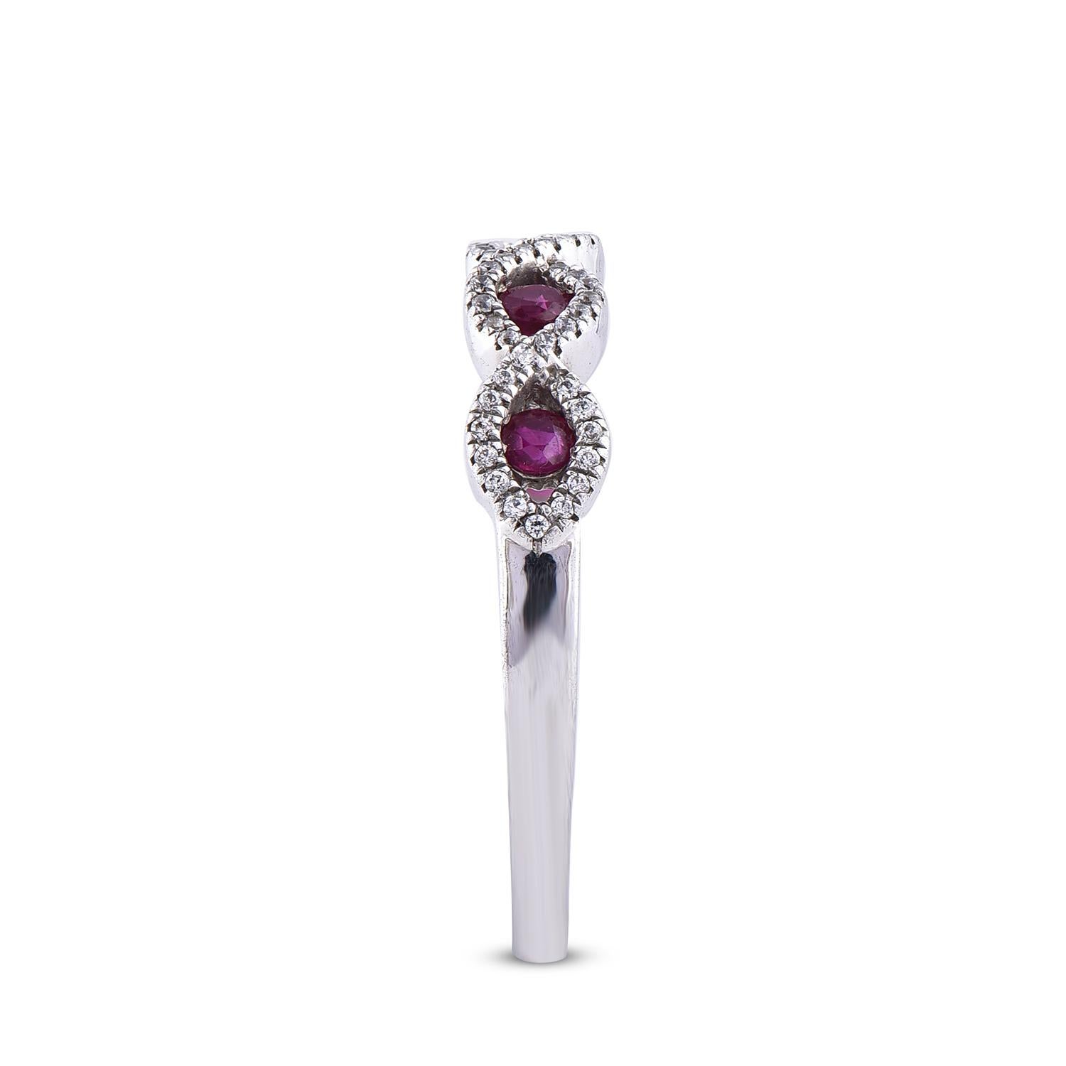 TJD 0.17 Carat Diamond and Ruby 14 Karat White Gold Twisted Infinity Band Ring In New Condition For Sale In New York, NY